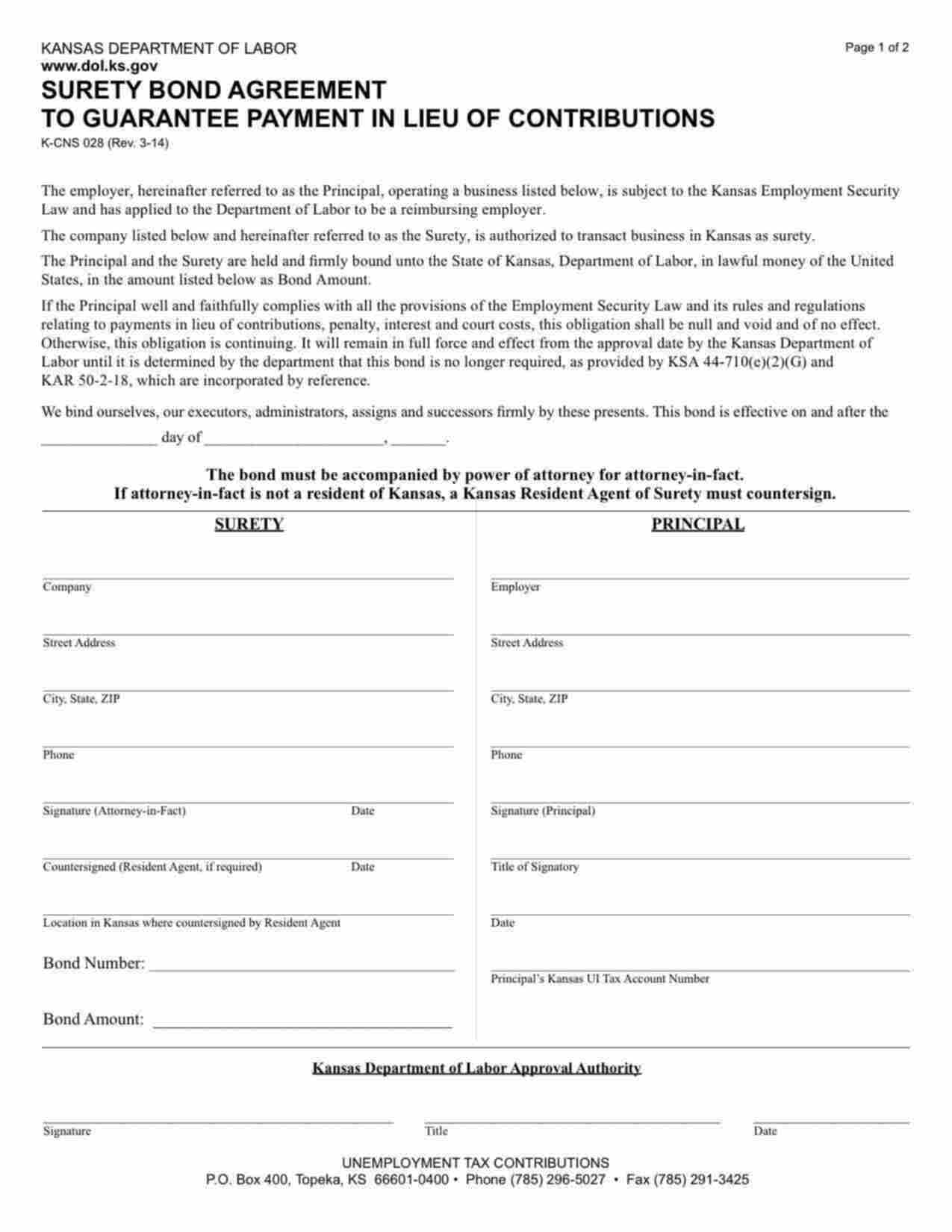 Kansas Reimbursing Employer (Unemployment Tax) Bond Form