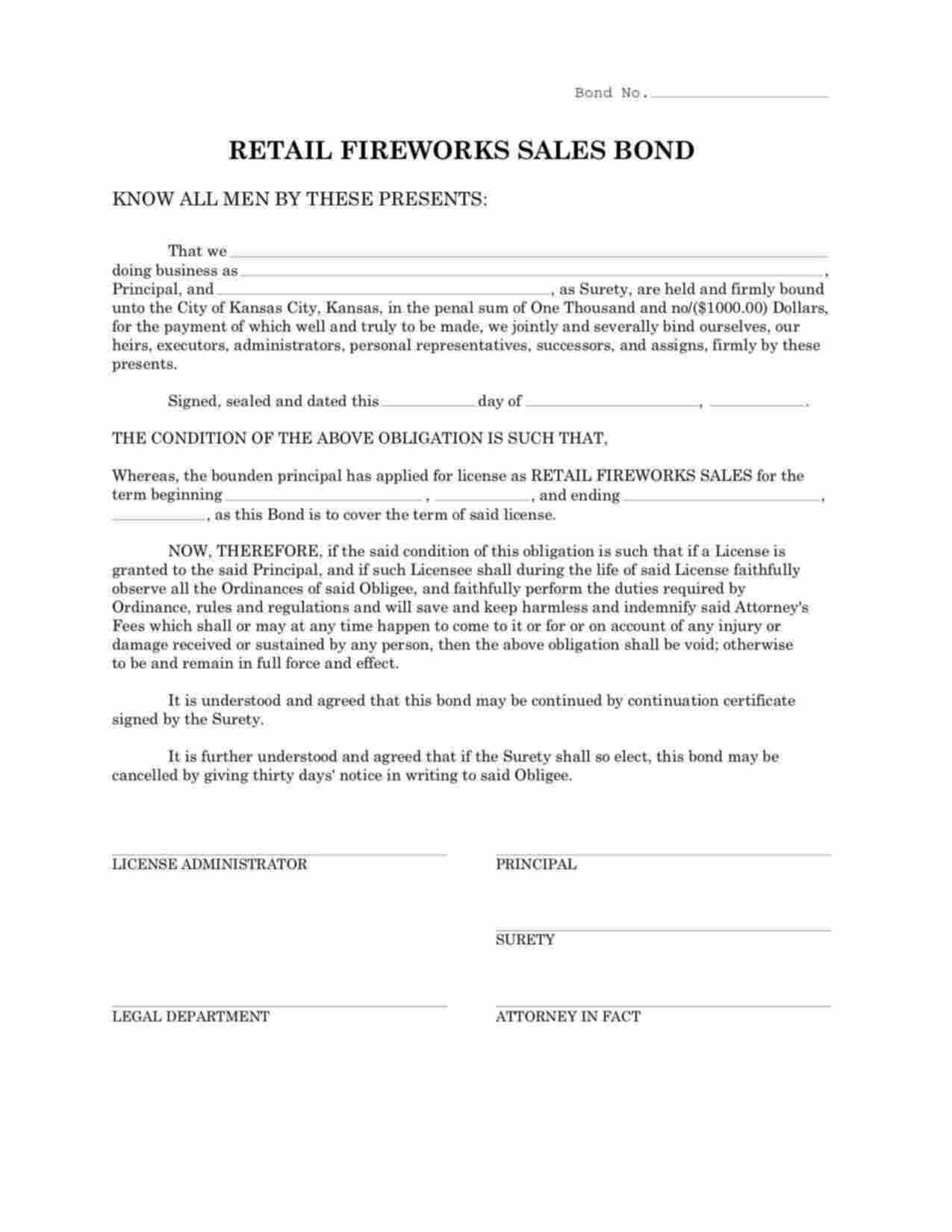 Kansas Retail Fireworks Sales Bond Form