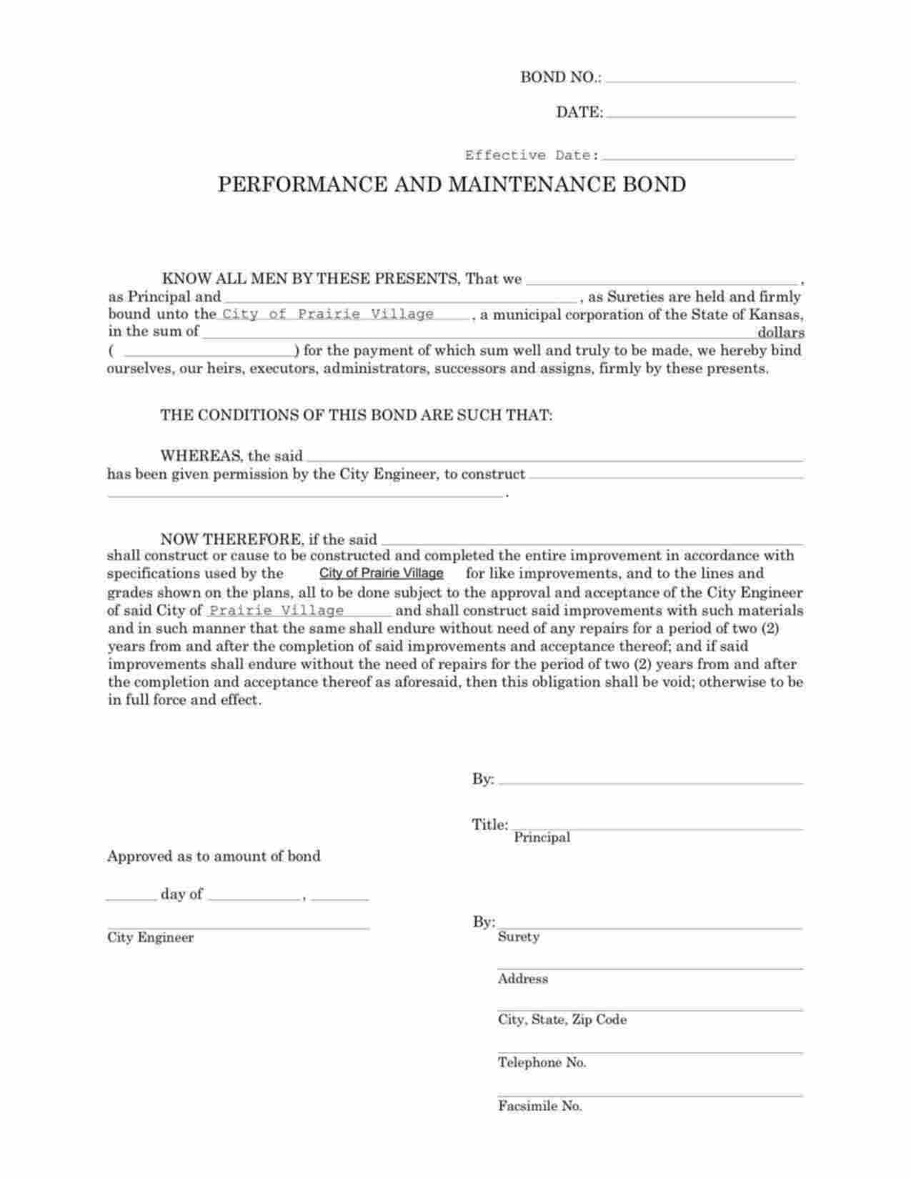 Kansas Performance and Maintenance Bond Form