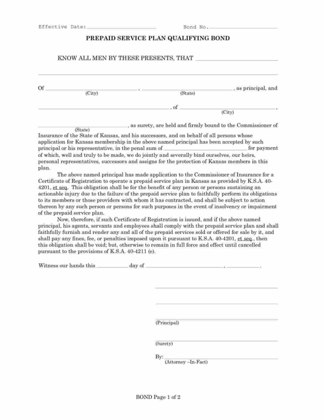 Kansas Prepaid Service Plan Qualifying (Legal or Dental Coverage) Bond Form