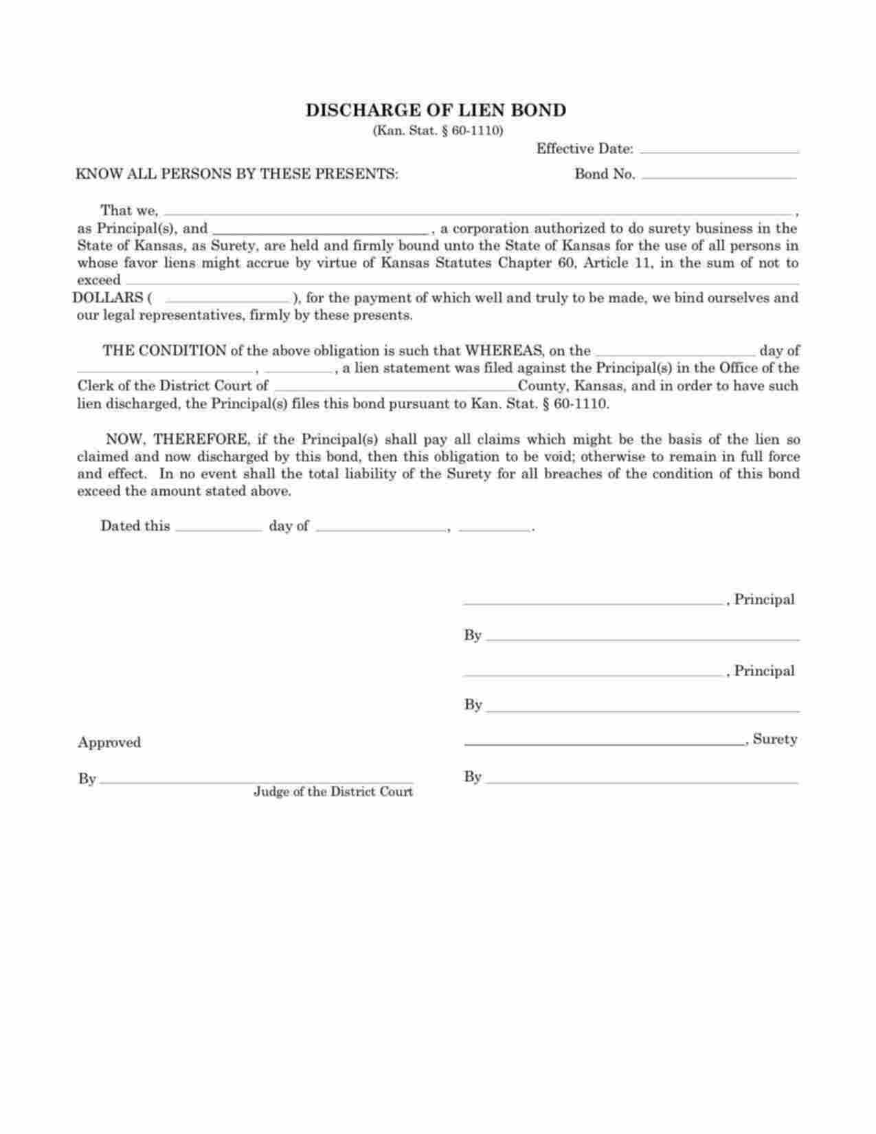 Kansas Discharge of Lien Bond Form