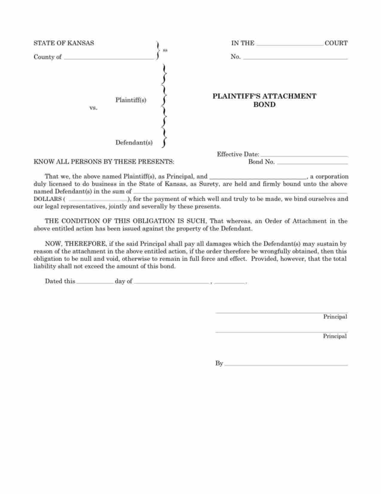 Kansas Plaintiffs Attachment Bond Form