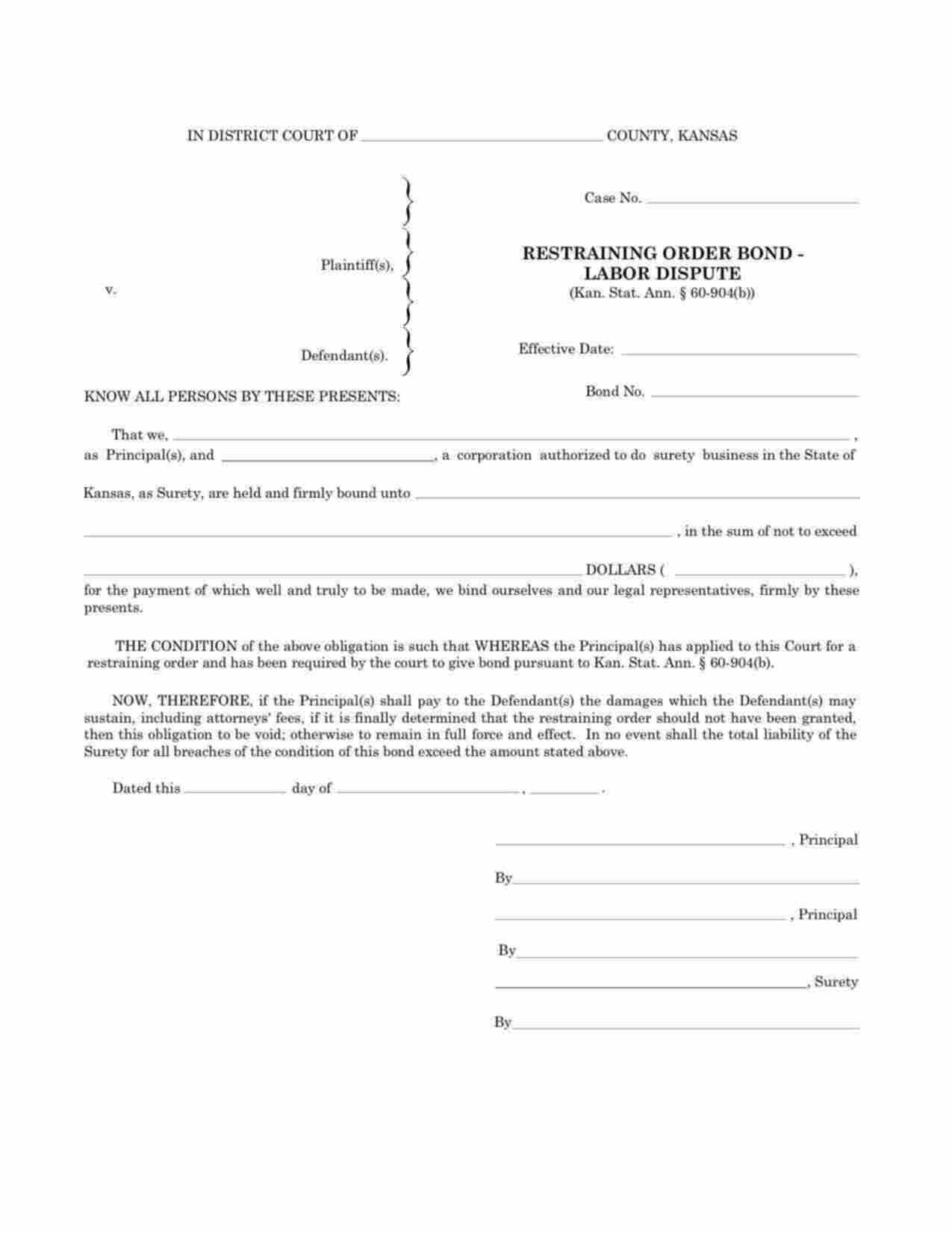 Kansas Restraining Order - Labor Dispute Bond Form