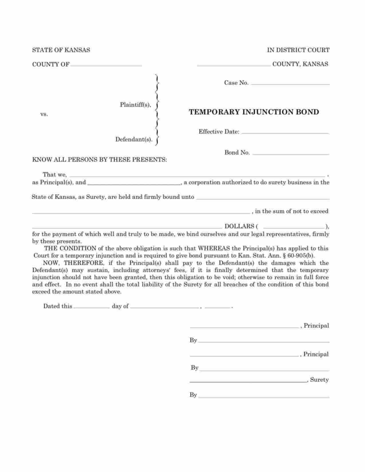 Kansas Temporary Injunction Bond Form