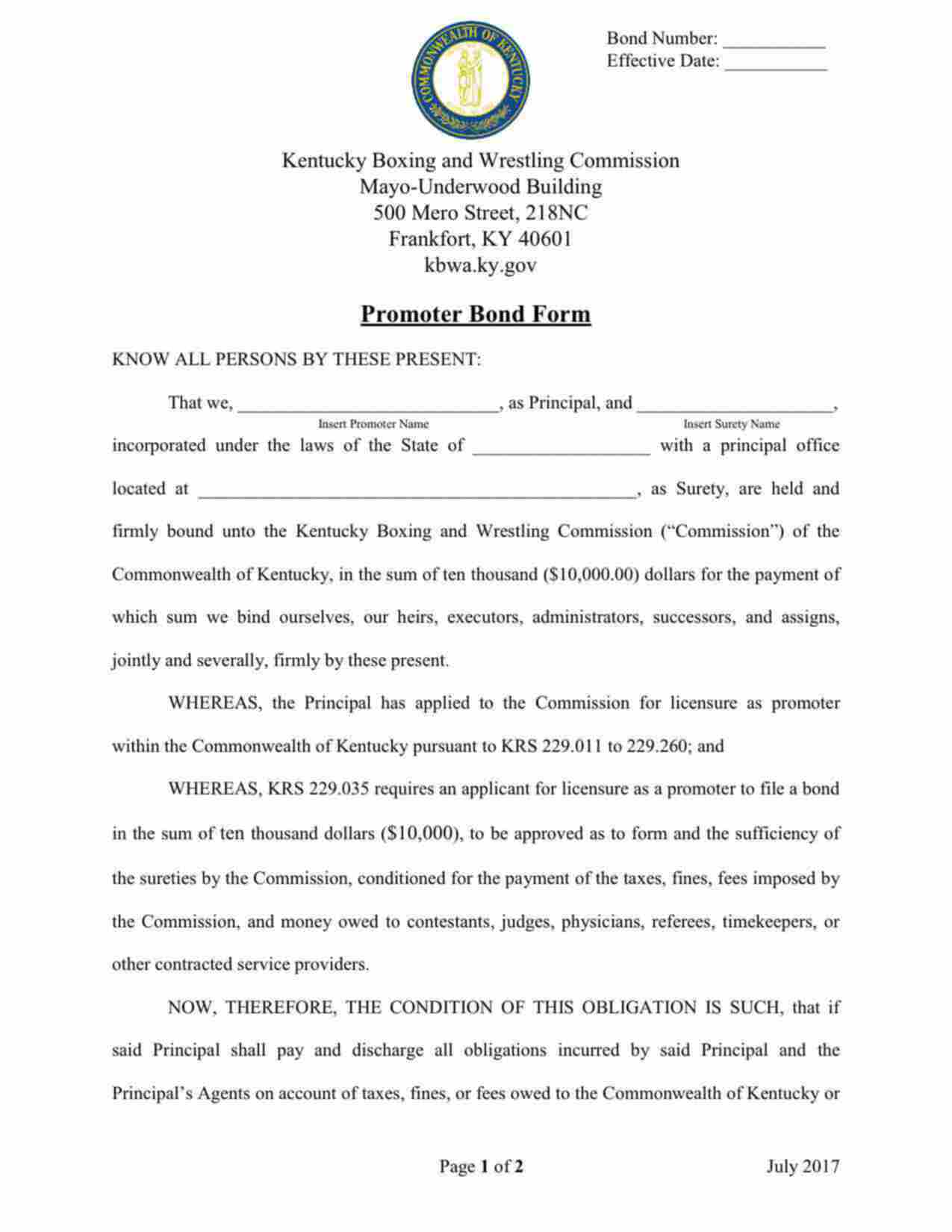Kentucky Boxing and Wrestling Athletic Promoter Bond Form