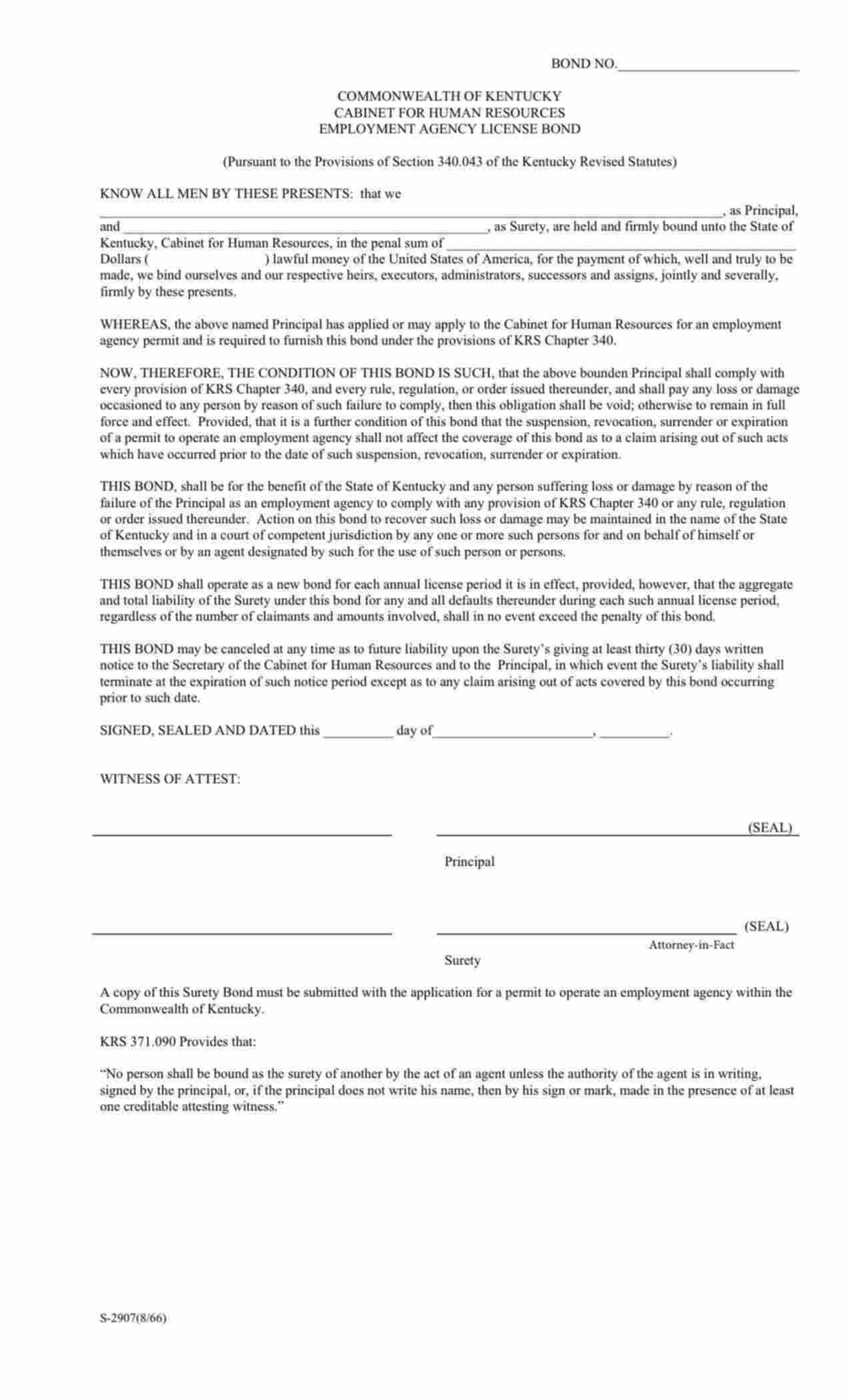 Kentucky Employment Agency License Bond Form