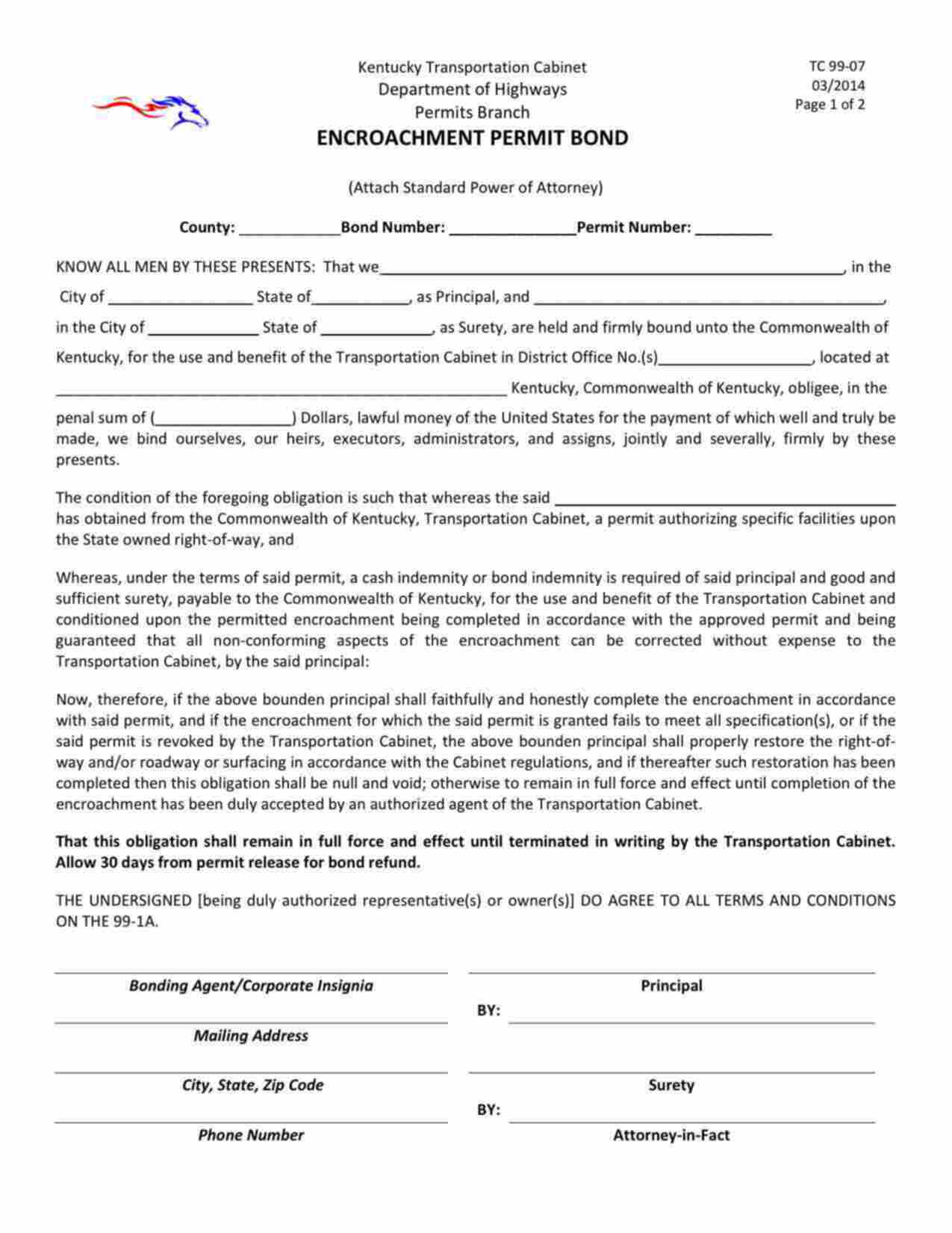 Kentucky Encroachment Permit Bond Form