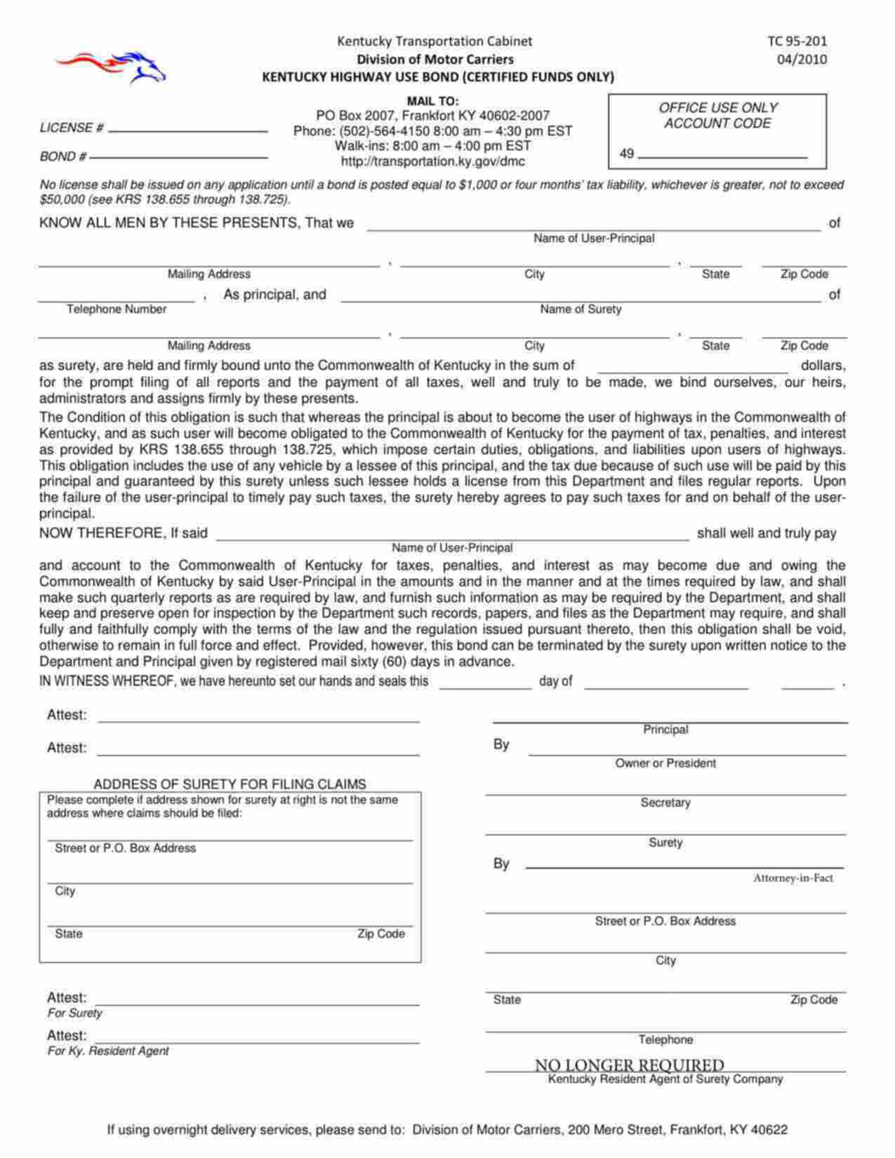Kentucky Highway Use (Fuel Tax) NO LONGER REQUIRED Bond Form