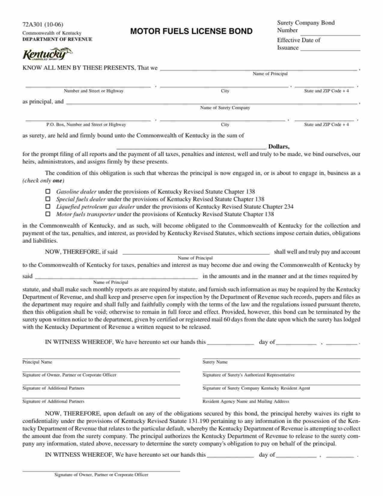 Kentucky Motor Fuels License: Gasoline Dealer Bond Form