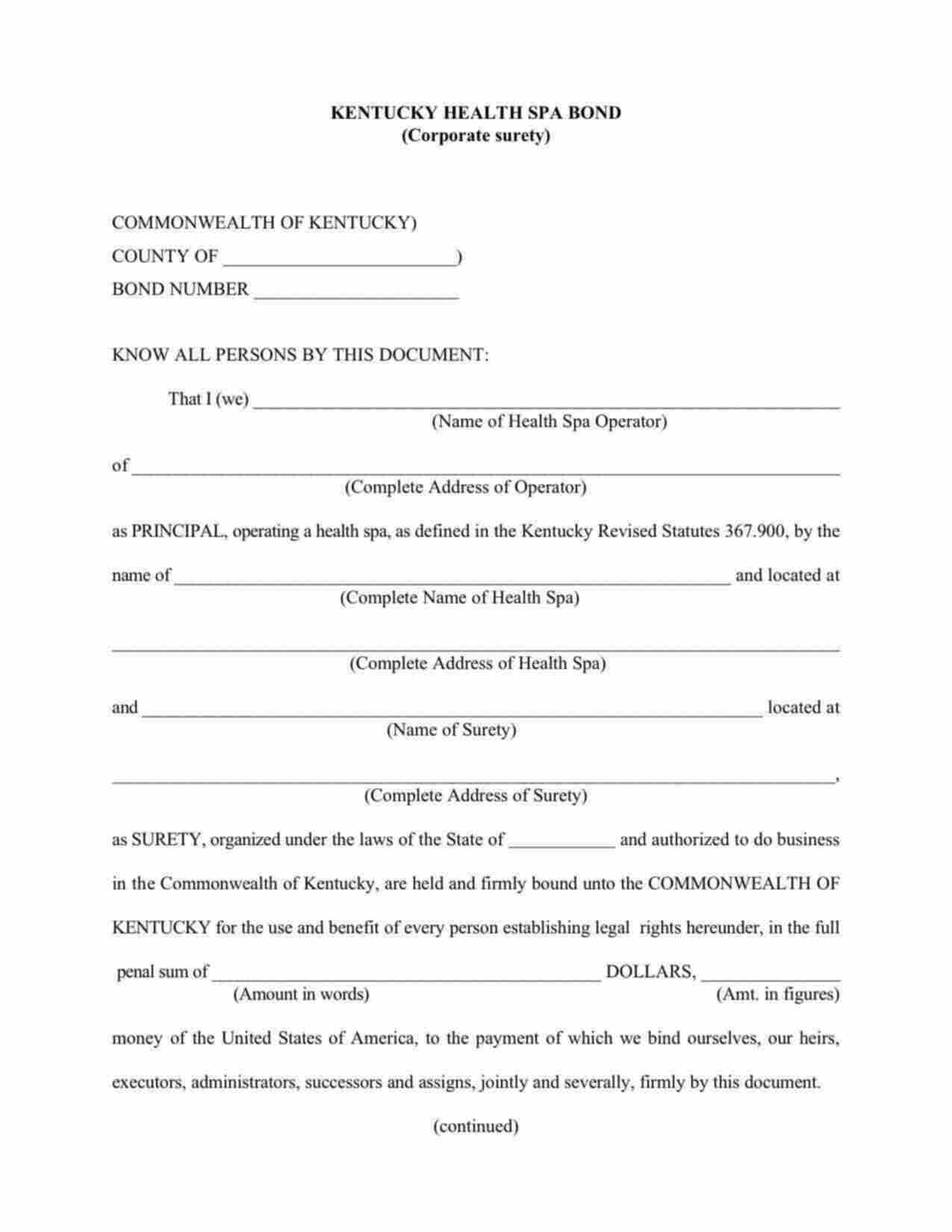 Kentucky Health Spa Bond Form