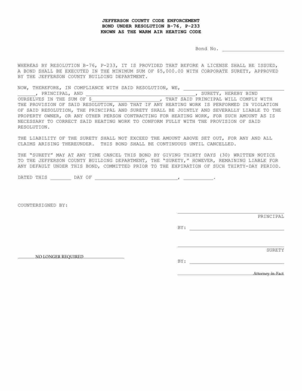 Kentucky Heating Contractor Bond Form