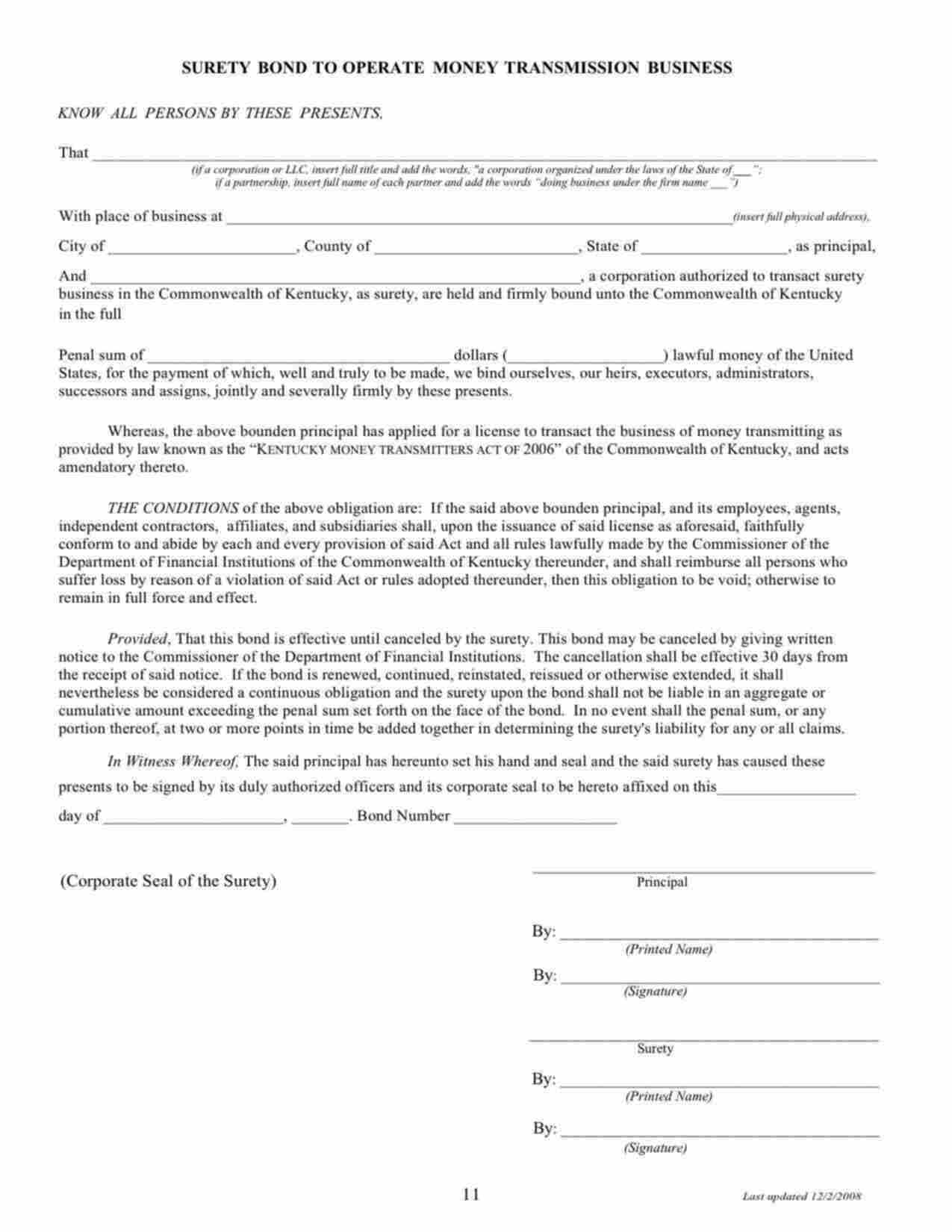 Kentucky Money Transmitter Bond Form