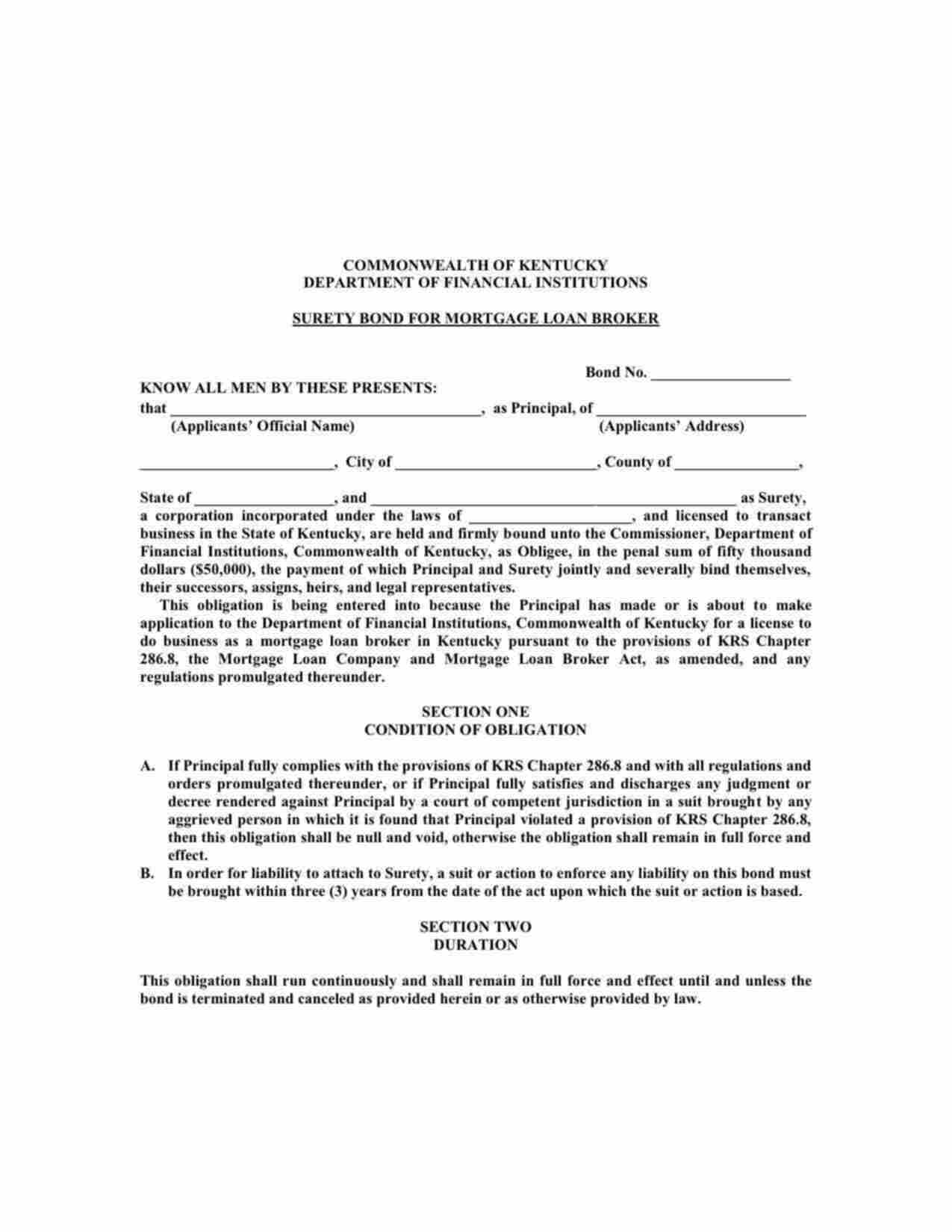 Kentucky Mortgage Broker Bond Form