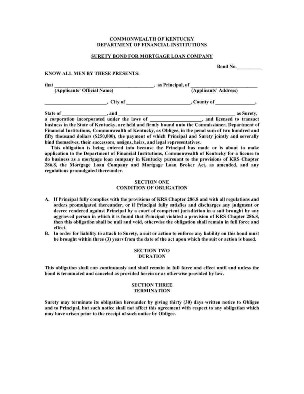 Kentucky Mortgage Company, Broker or Loan Originator Bond Form