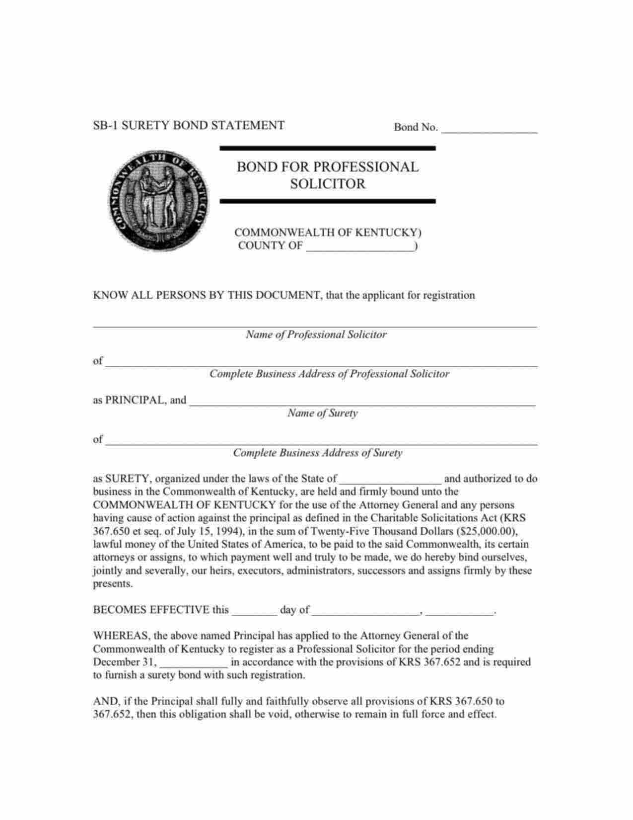 Kentucky Professional Solicitor Bond Form