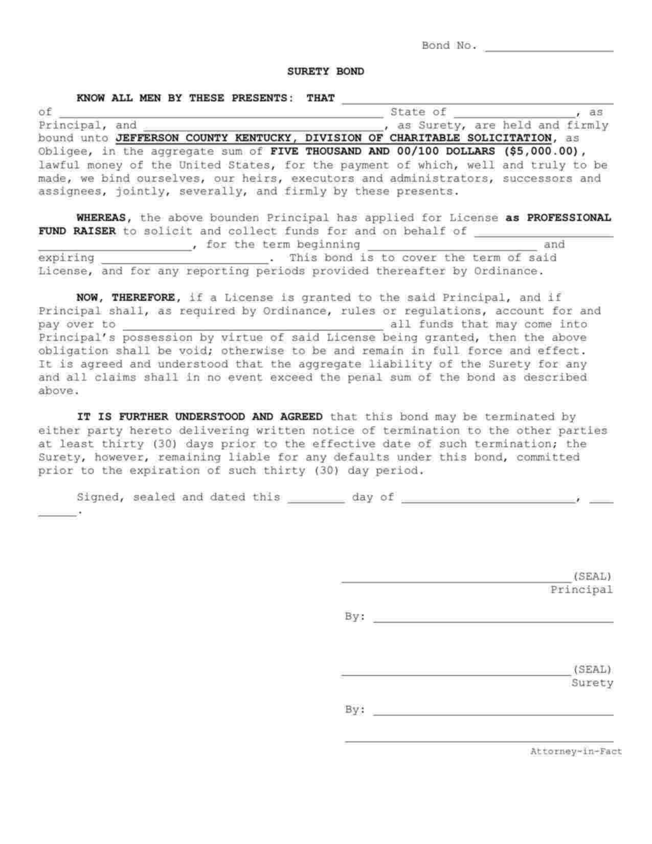 Kentucky Professional Fund Raiser Bond Form