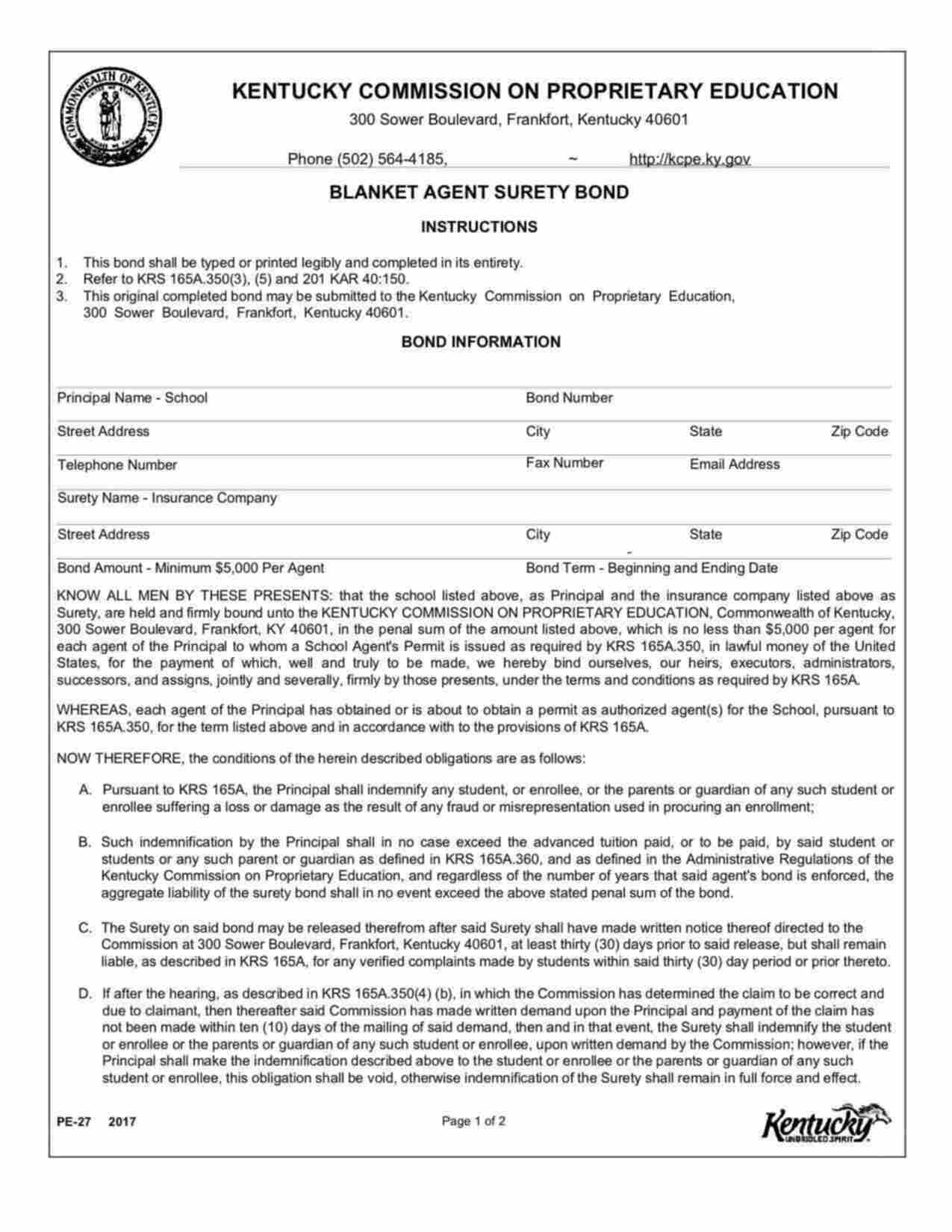 Kentucky Proprietary School Agent - Blanket Bond Form