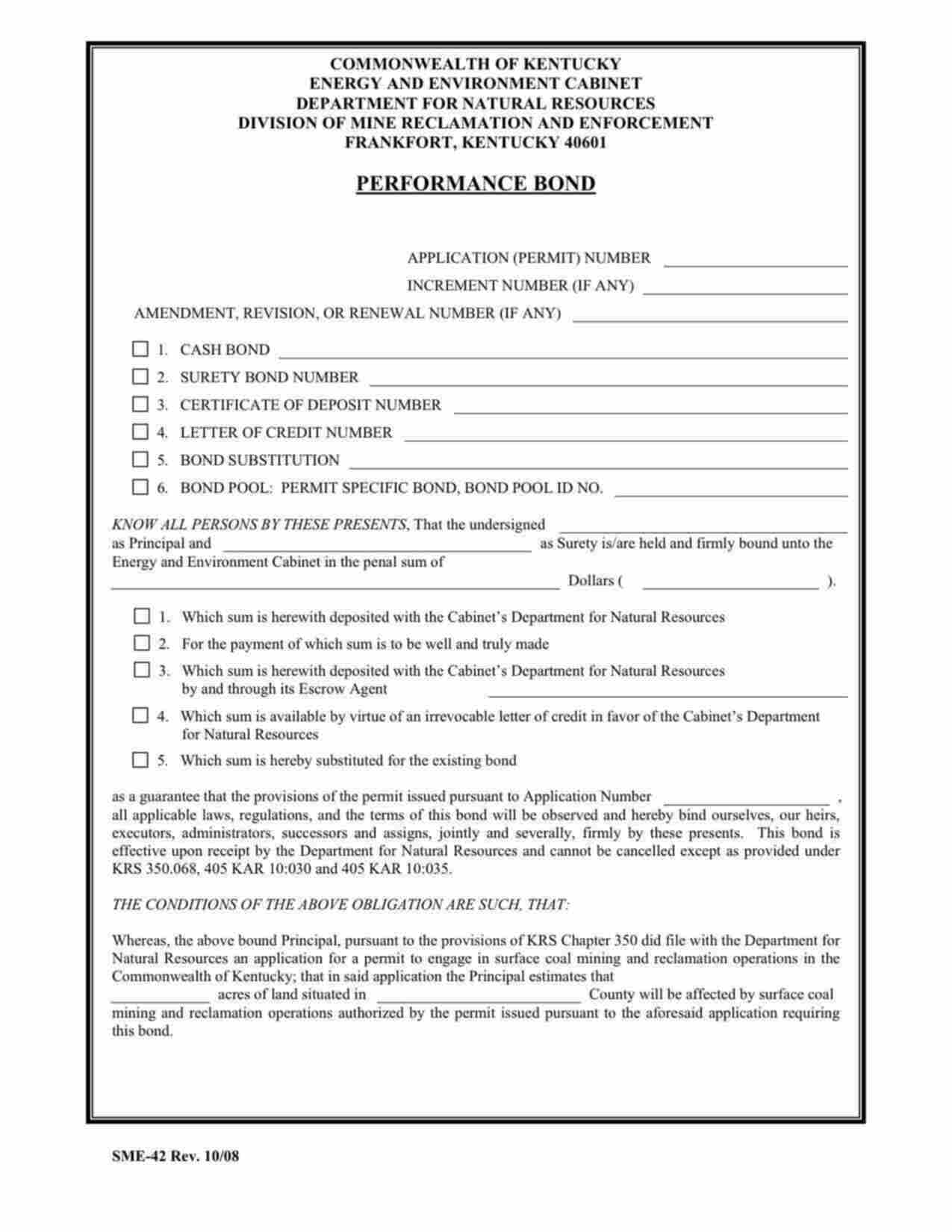 Kentucky Surface Coal Mining and Reclamation Performance Bond Form