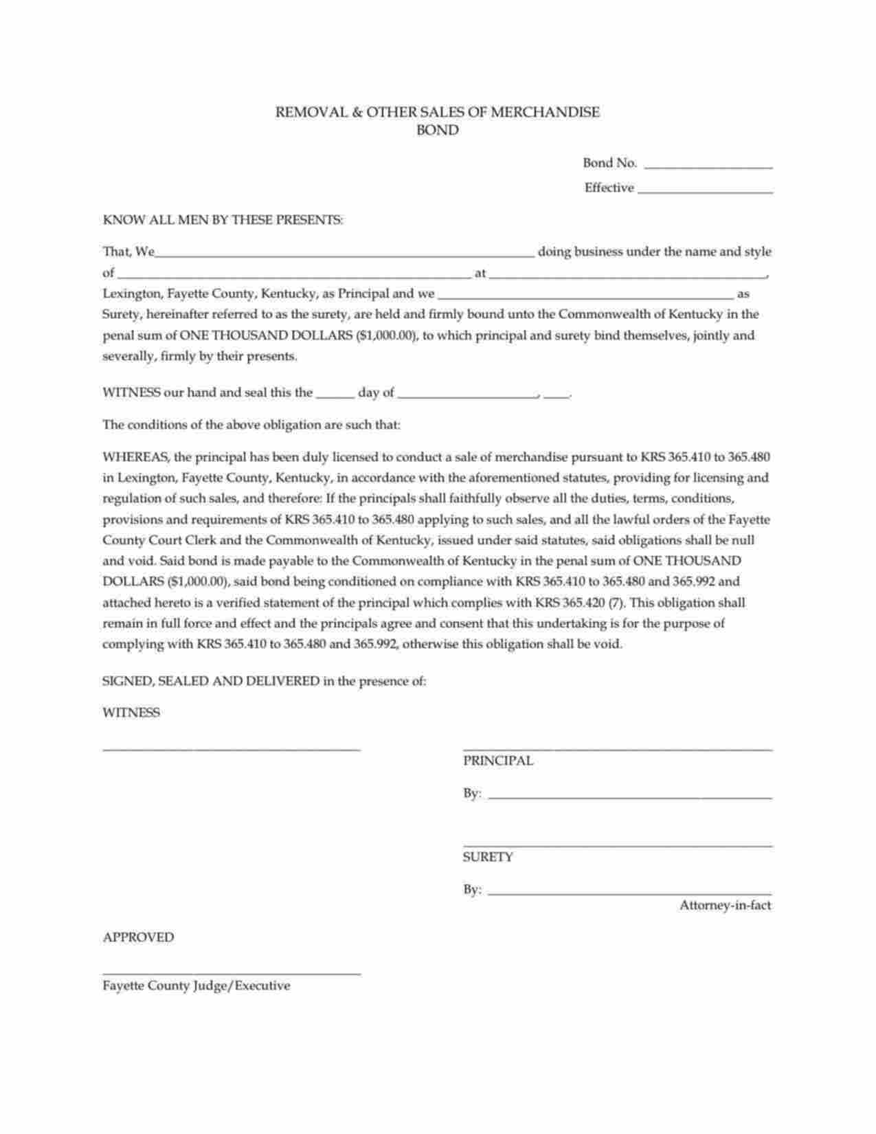 Kentucky Removal & Other Sales Merchandise Bond Form