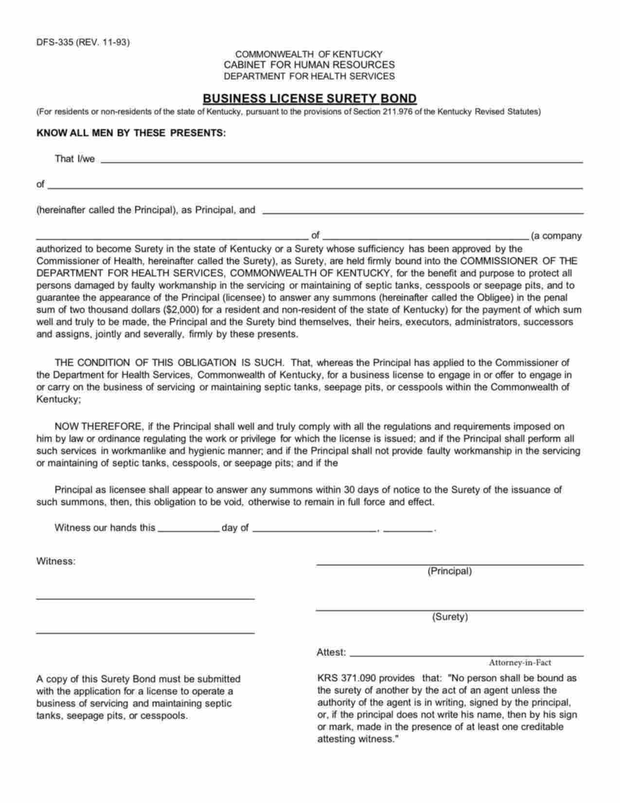 Kentucky Septic Tank Servicing Business License Bond Form
