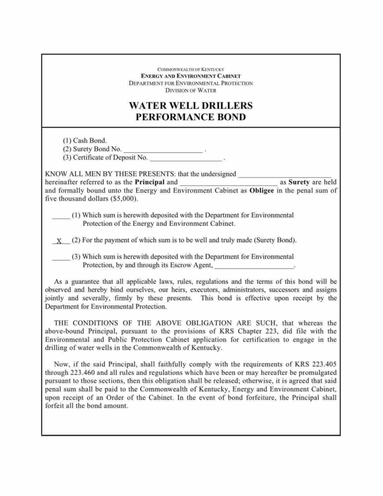 Kentucky Water Well Driller Bond Form