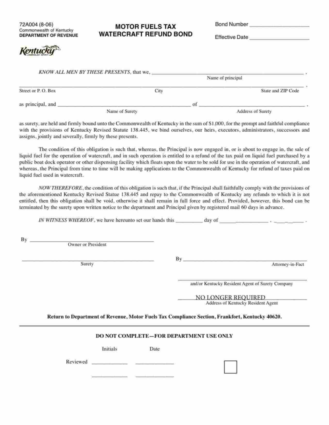 Kentucky Motor Fuel Tax Watercraft Refund Bond Form