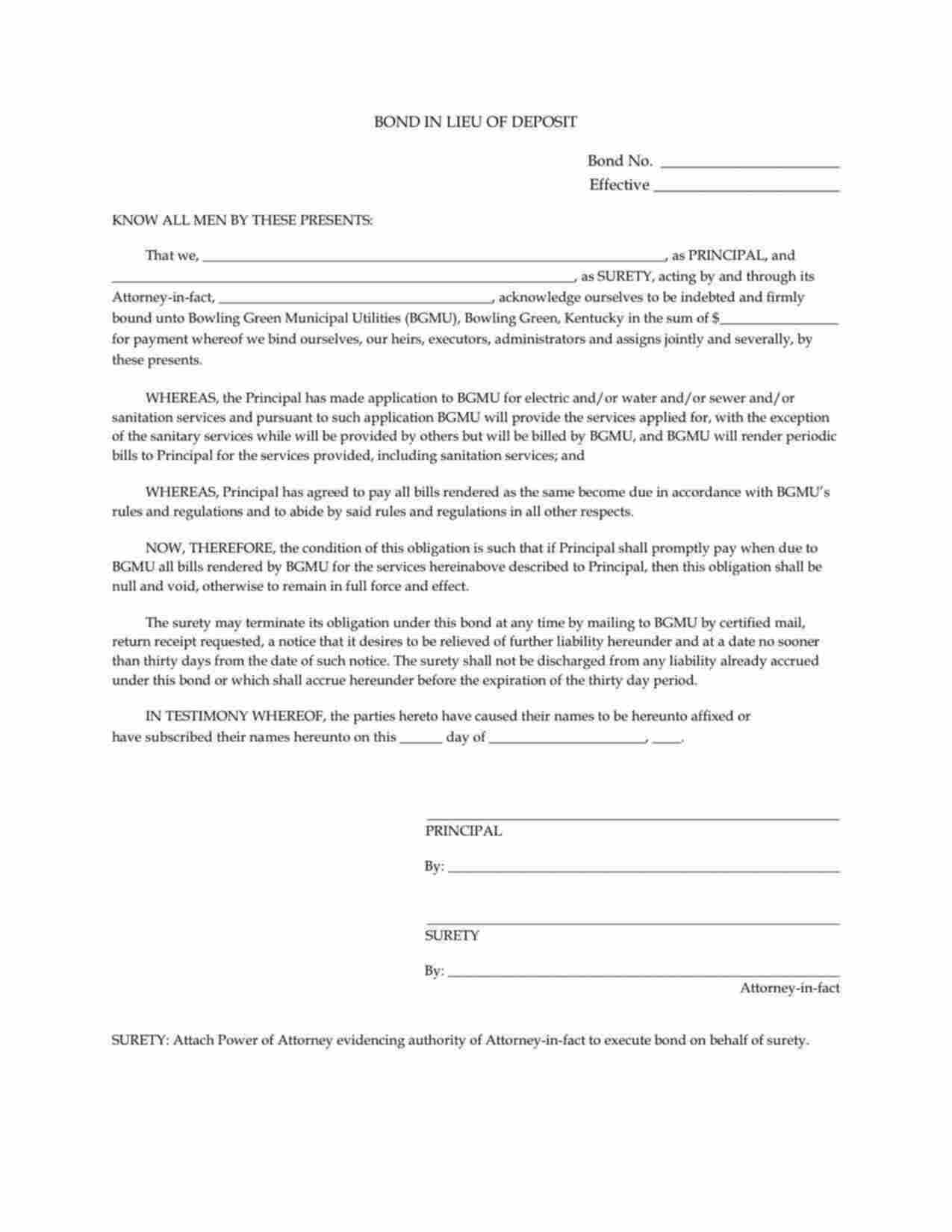 Kentucky Utility Deposit Bond Form