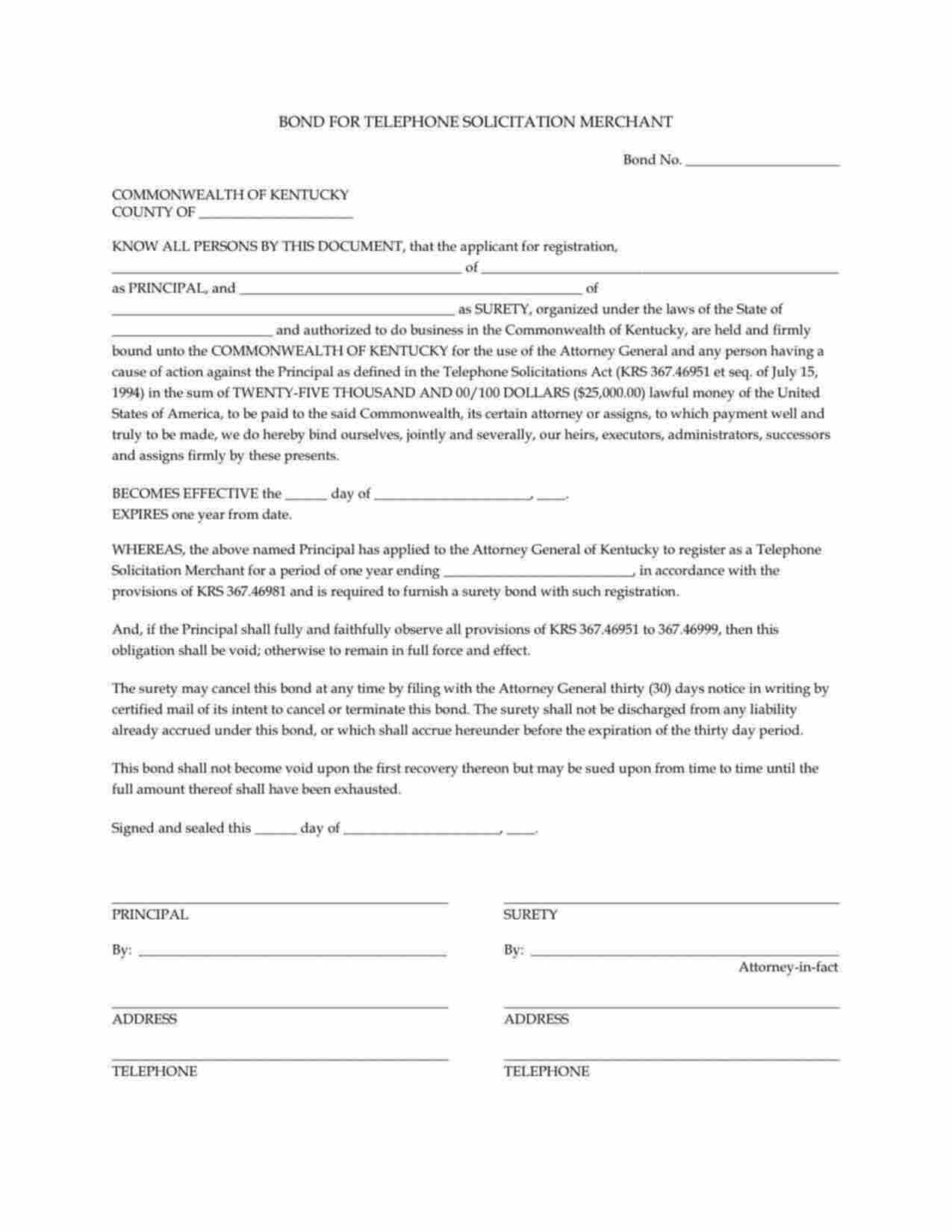 Kentucky Telephone Solicitation Merchant Bond Form