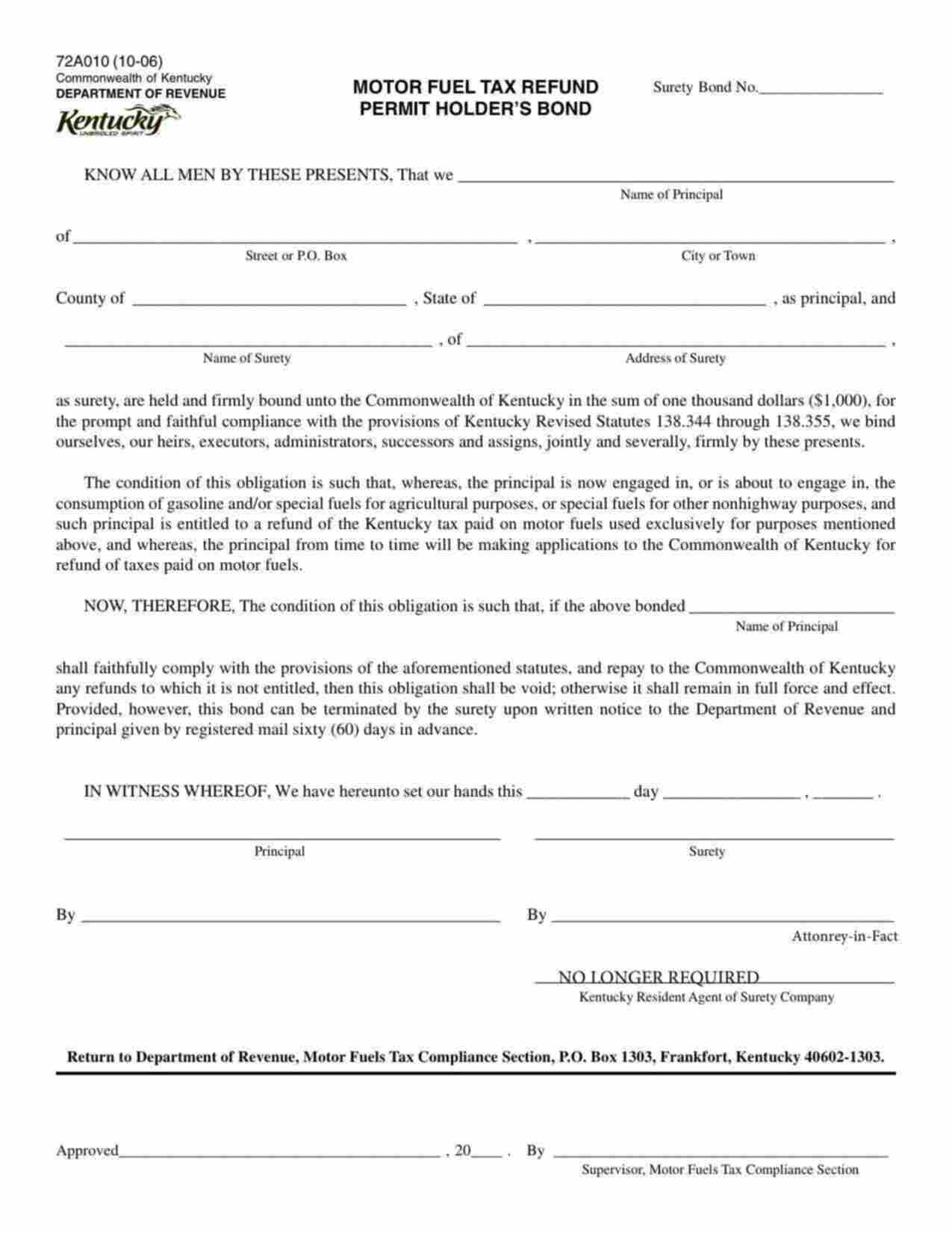 Kentucky Motor Fuel Tax Refund (Agricultural or Nonhighway Fuel Use) Bond Form