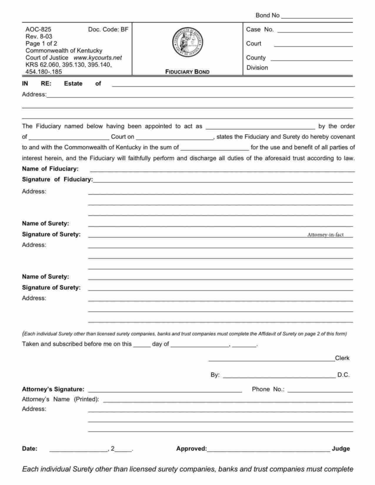 Kentucky Personal Representative Bond Form