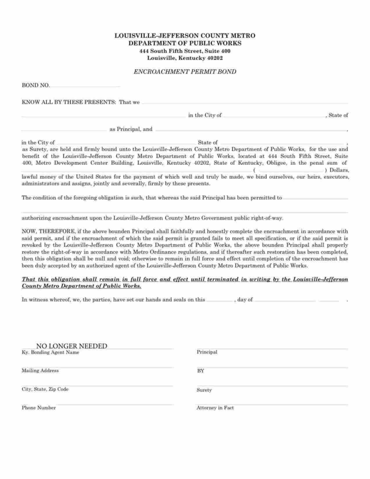 Kentucky Encroachment Permit Bond Form