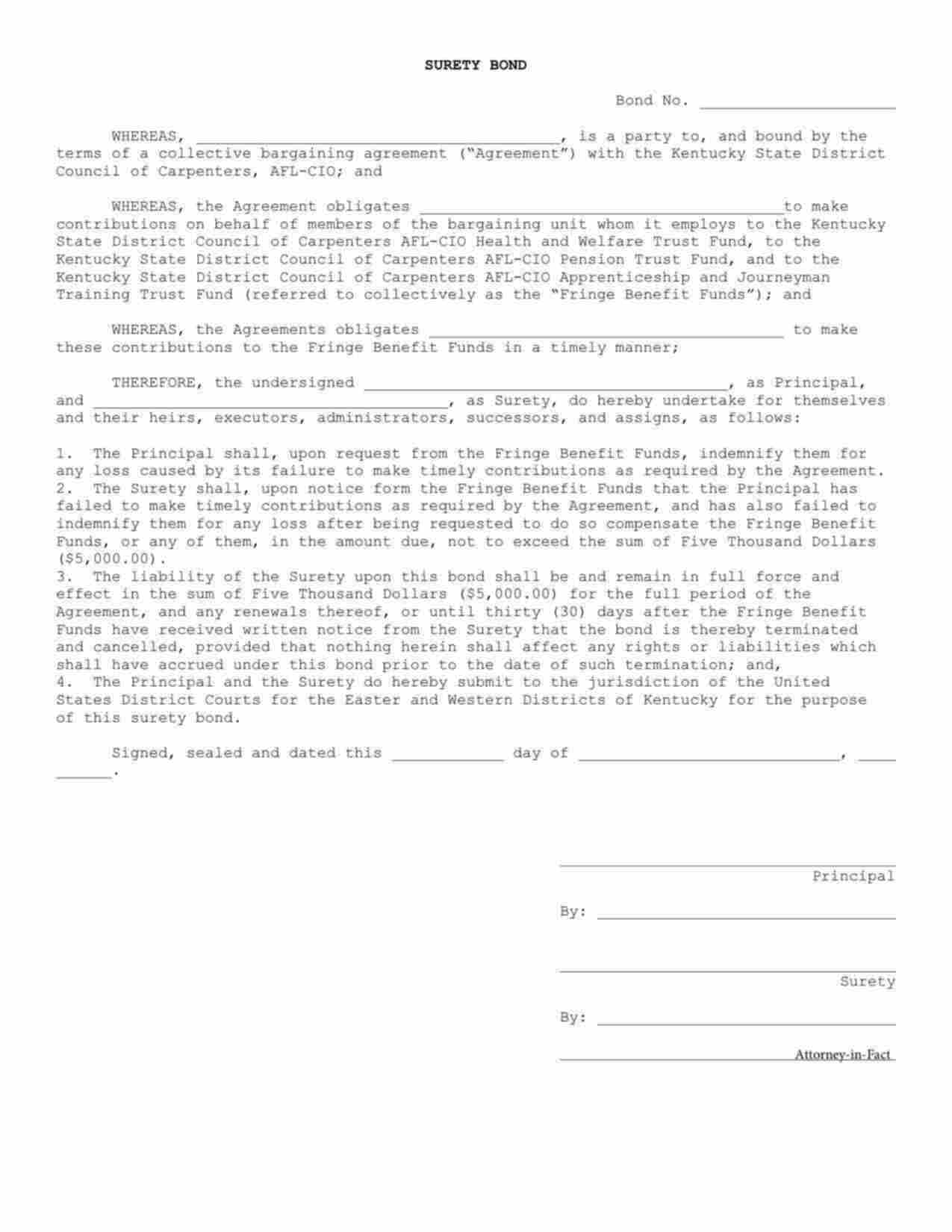 Kentucky Wage and Welfare Bond Form