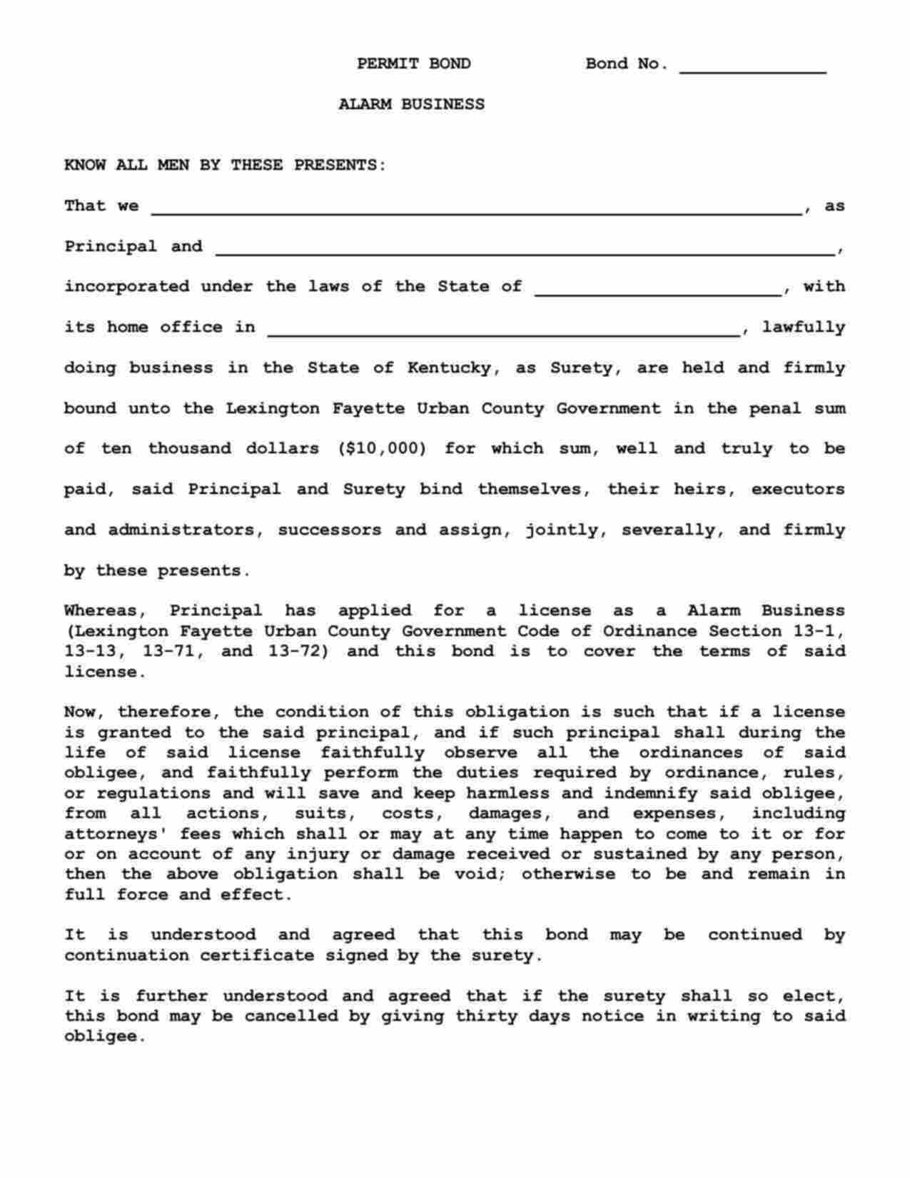 Kentucky Alarm Business Bond Form