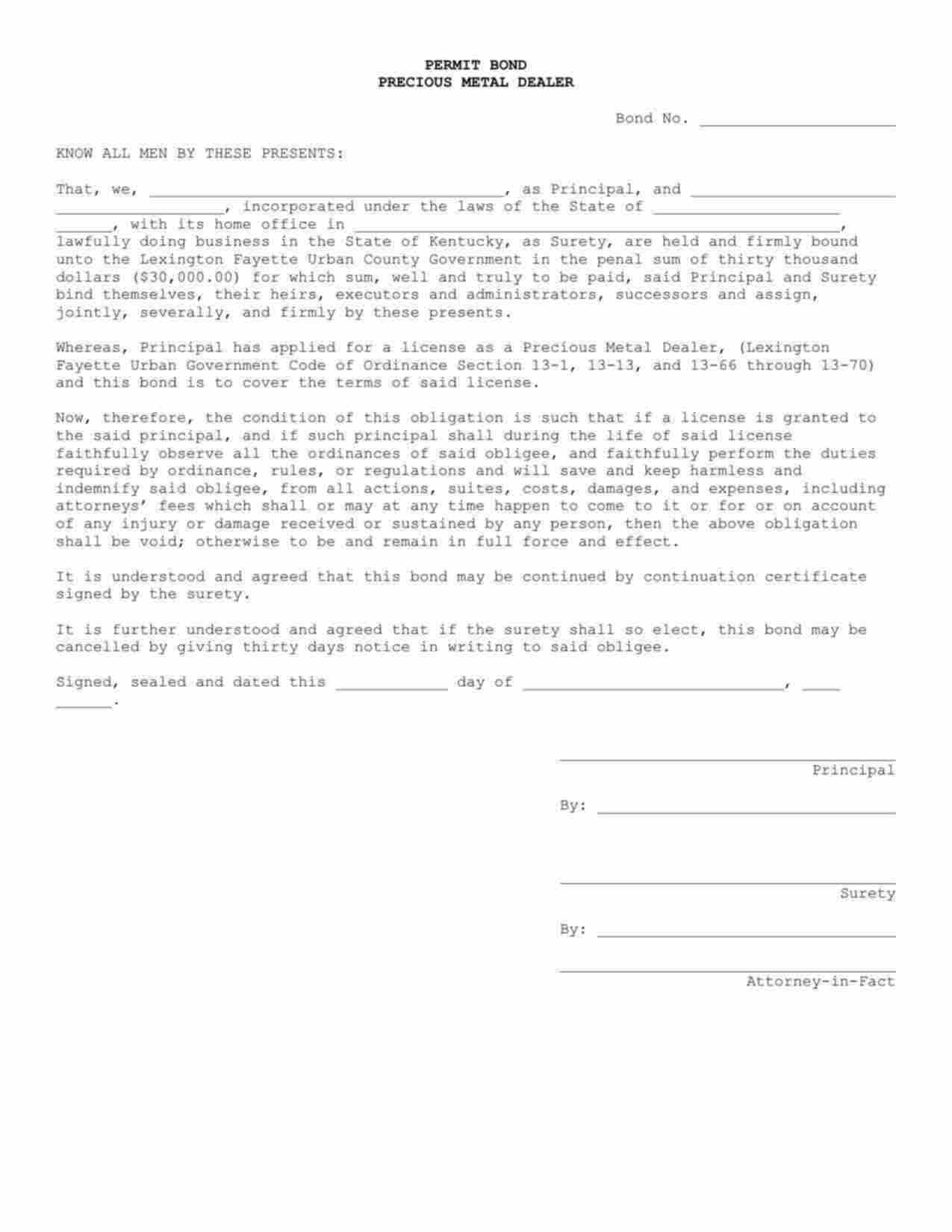 Kentucky Precious Metal Dealer Bond Form