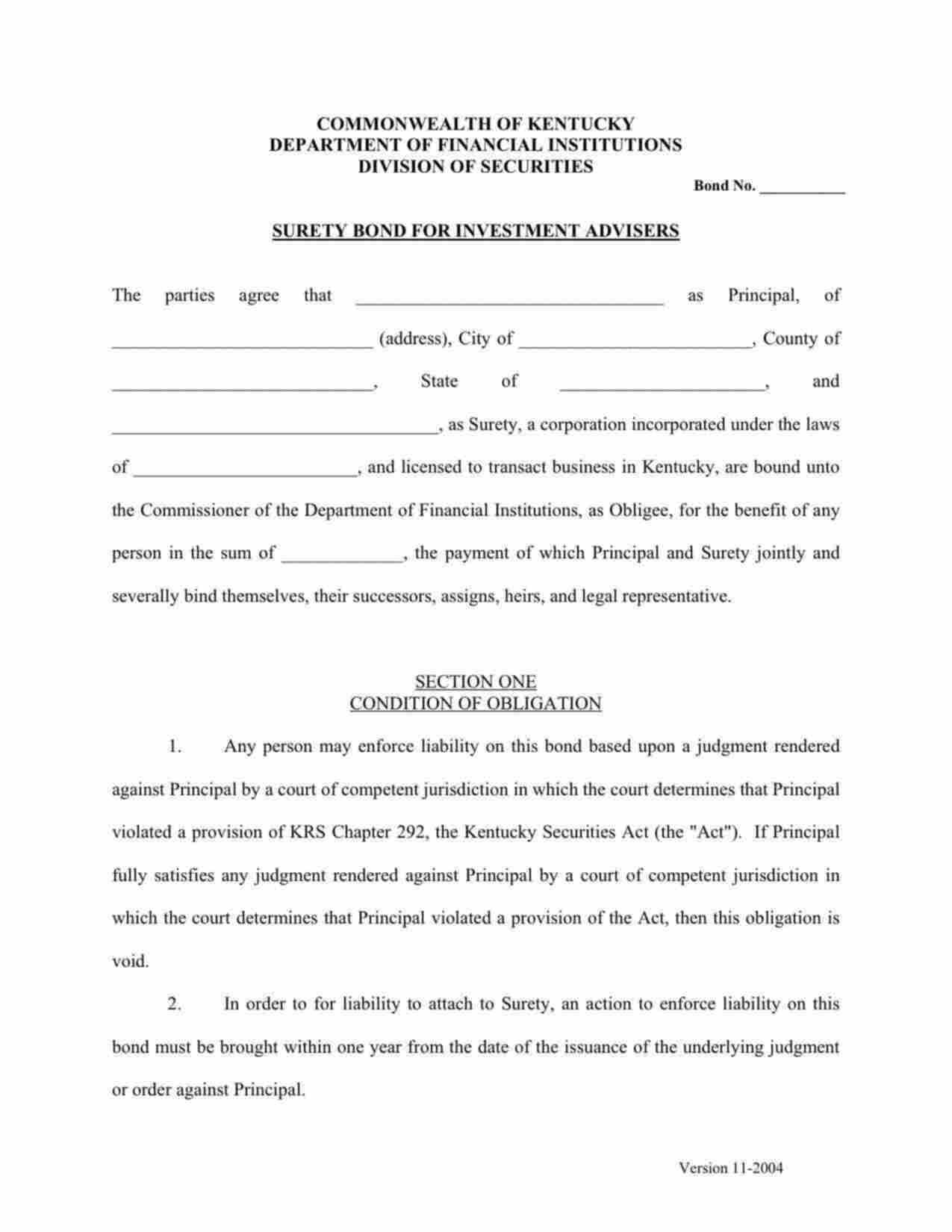 Kentucky Investment Adviser Bond Form