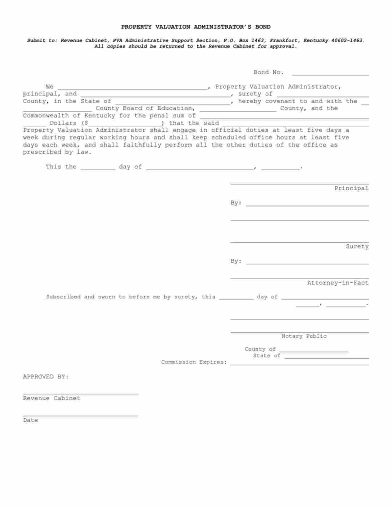 Kentucky Property Valuation Administrator Bond Form