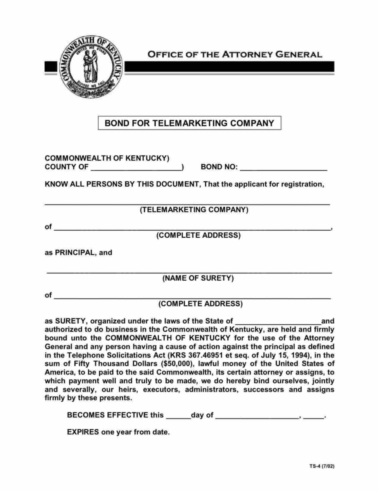 Kentucky Telemarketing Company Bond Form