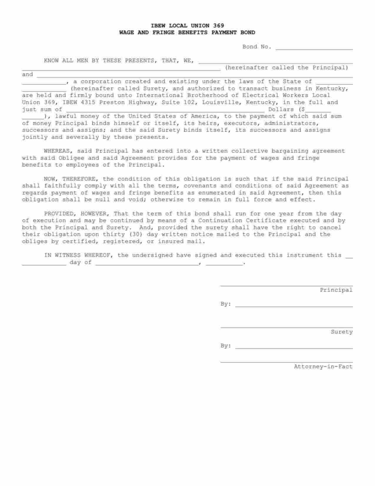 Kentucky Wage and Welfare Bond Form