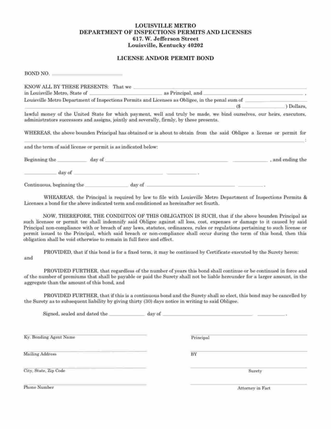 Kentucky License and/or Permit Bond Form