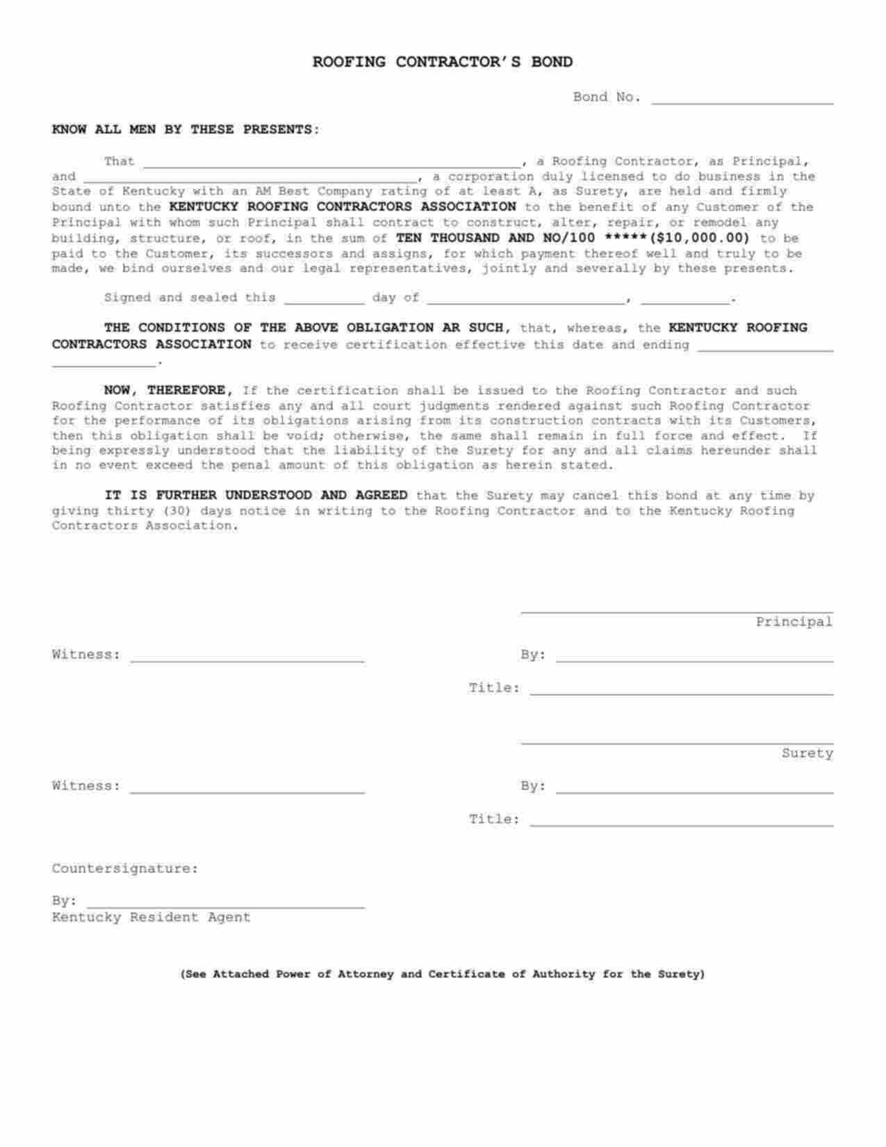 Kentucky Roofing Contractor Bond Form