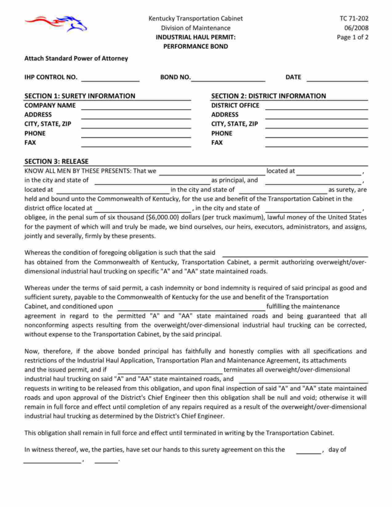 Kentucky Industrial Haul Permit Bond Form