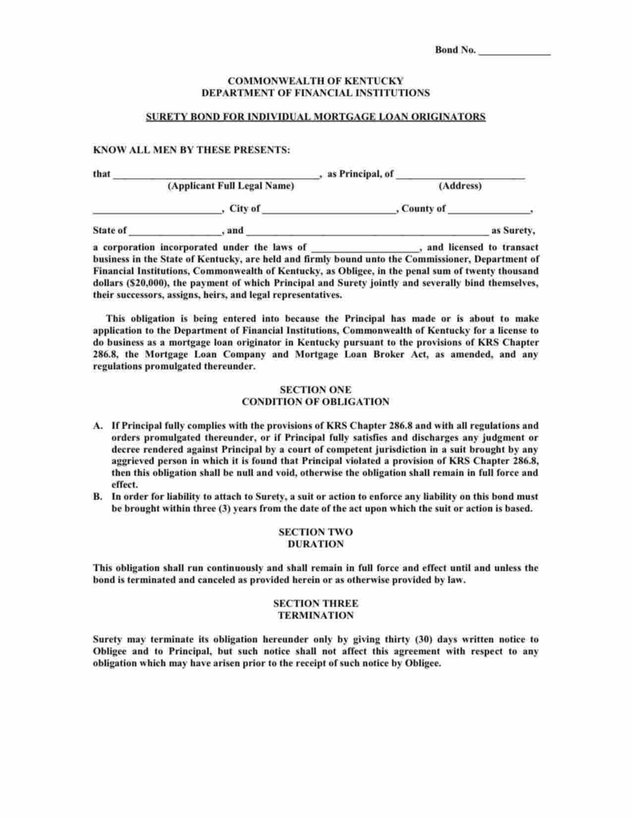 Kentucky Mortgage Loan Originator Bond Form