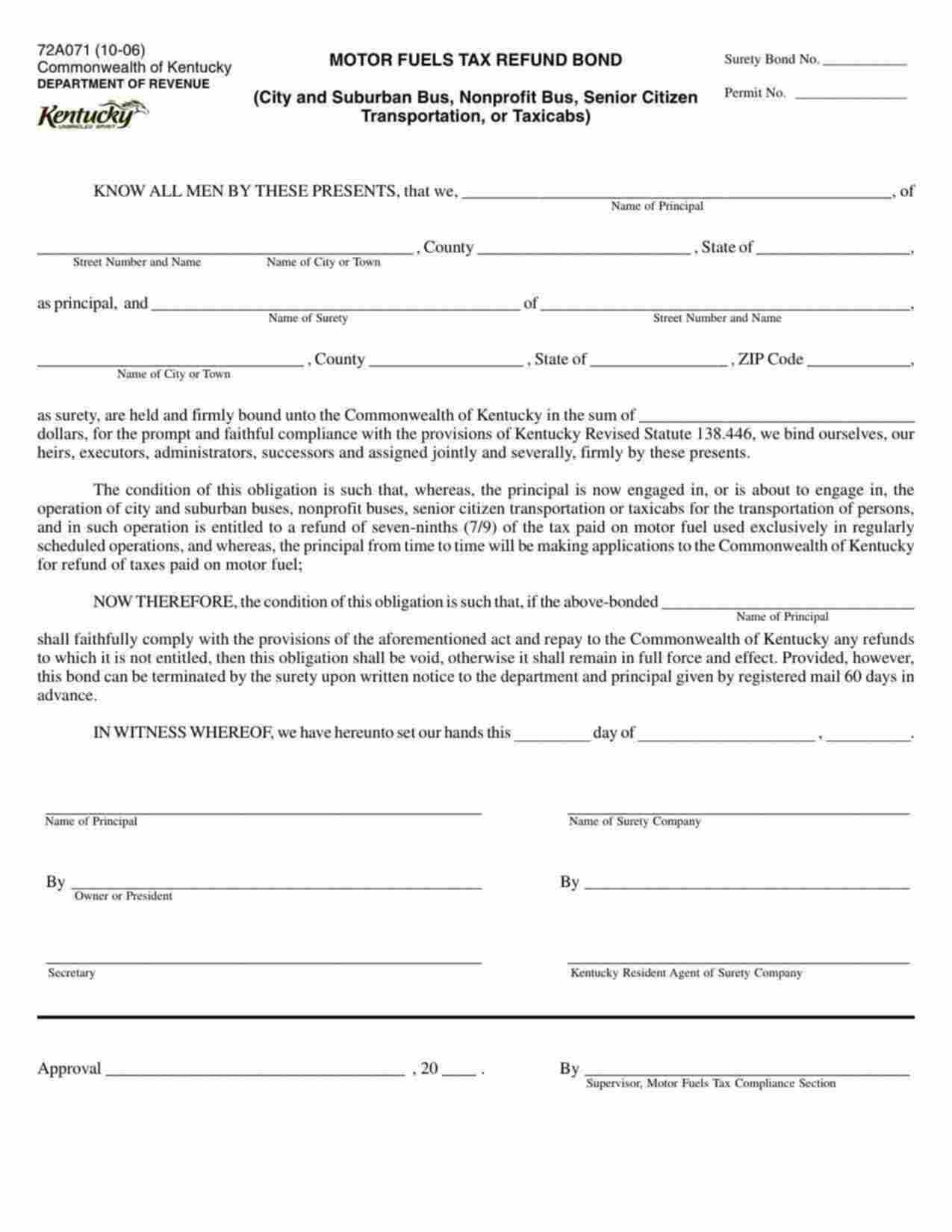 Kentucky Motor Fuel Tax Refund (Bus, Nonprofit Bus, Senior Citizen Transportation, or Taxicabs) Bond Form