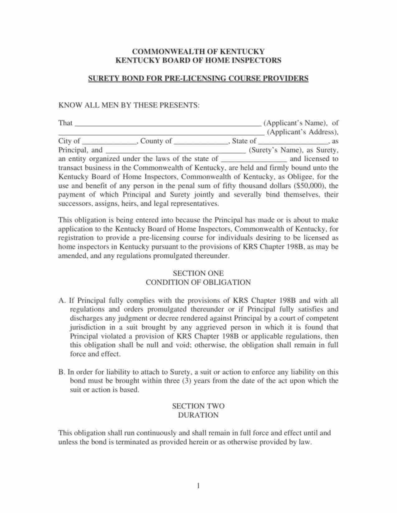 Kentucky Pre-Licensing Home Inspector Course Providers Bond Form