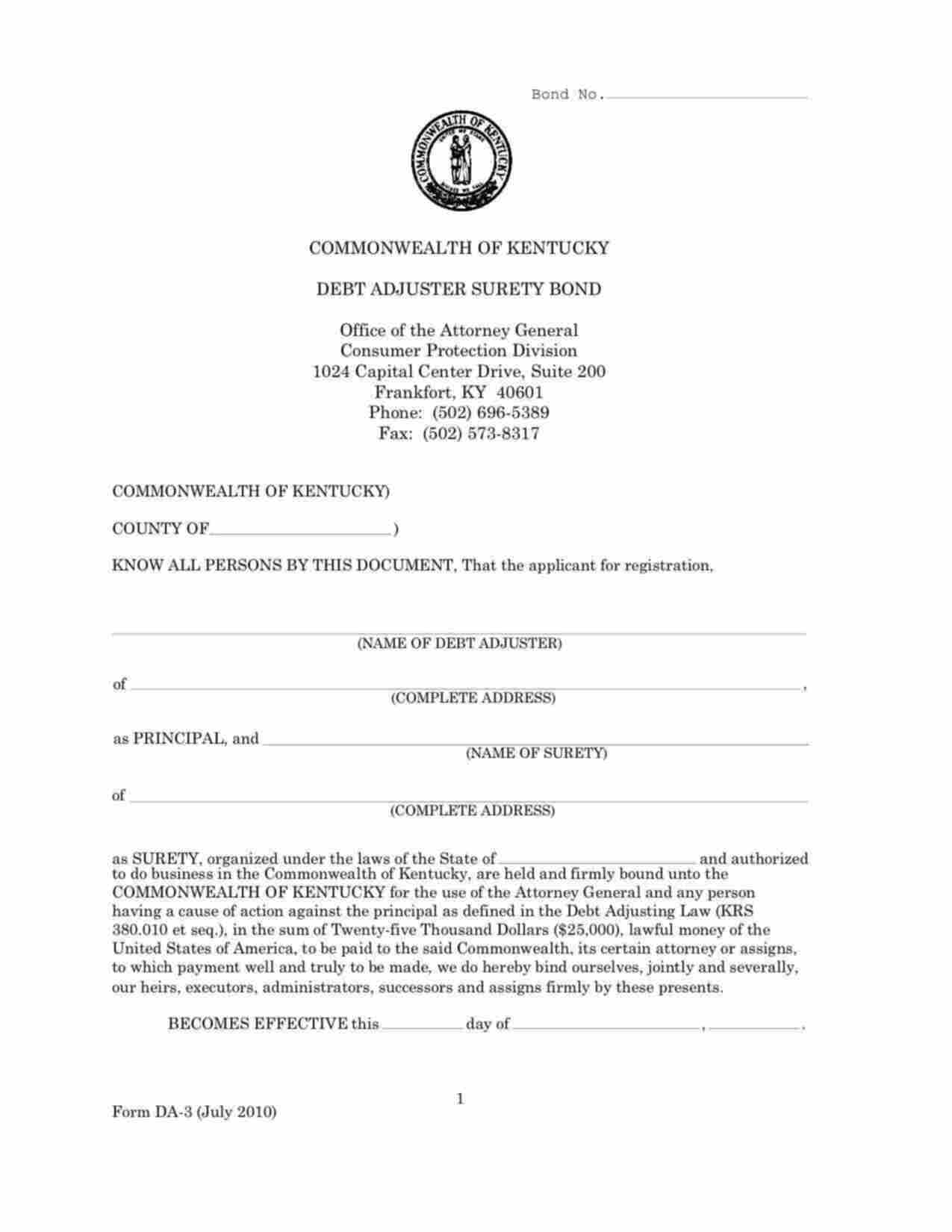 Kentucky Debt Adjuster Bond Form