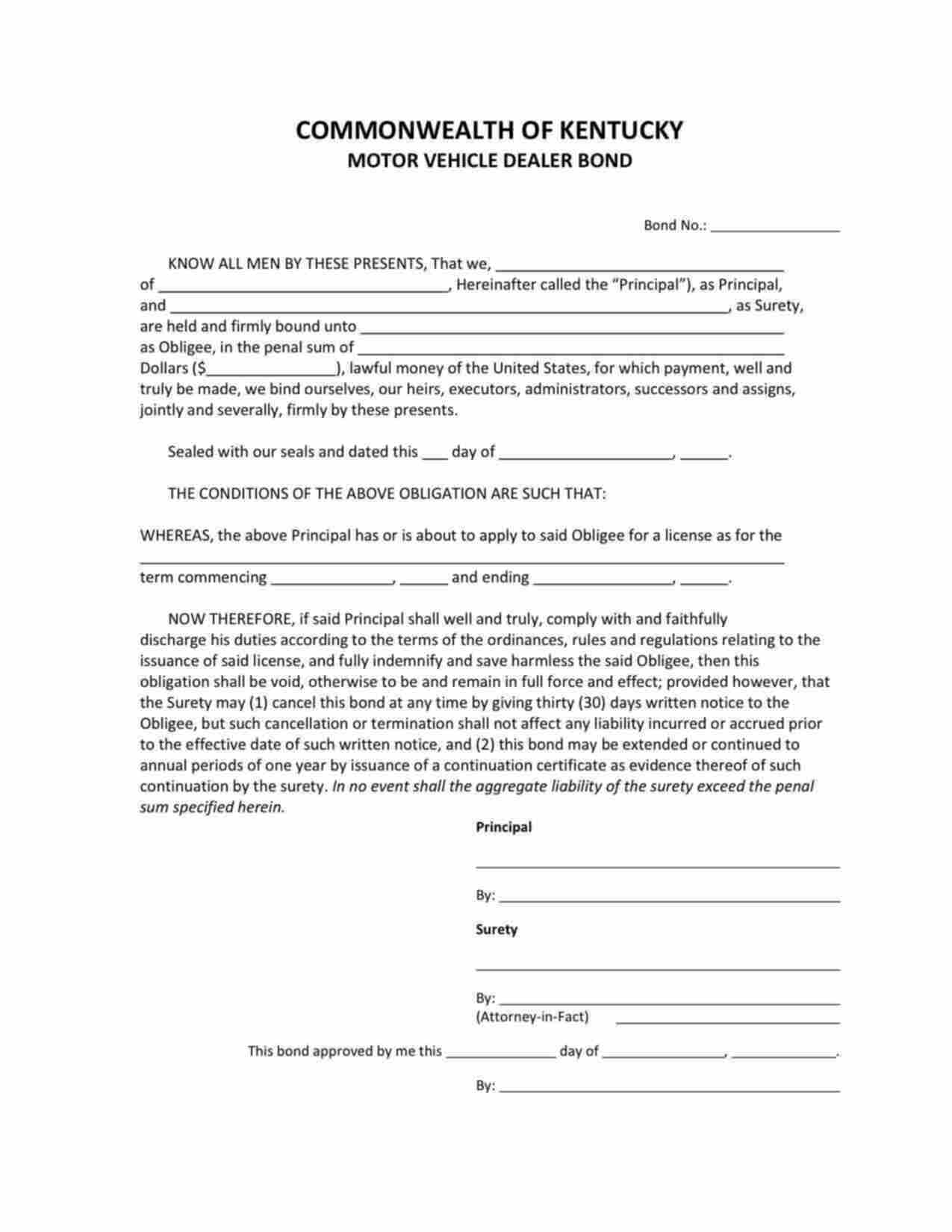 Kentucky Motor Vehicle Dealer and Wholesaler Bond Form