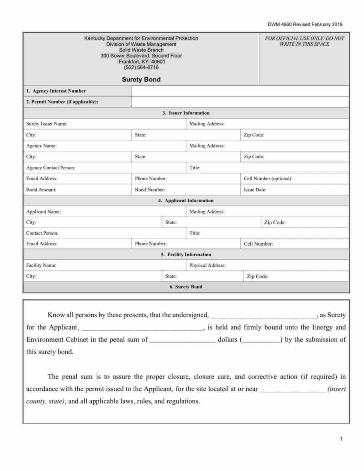 Kentucky Waste Tire Registrants Bond Form