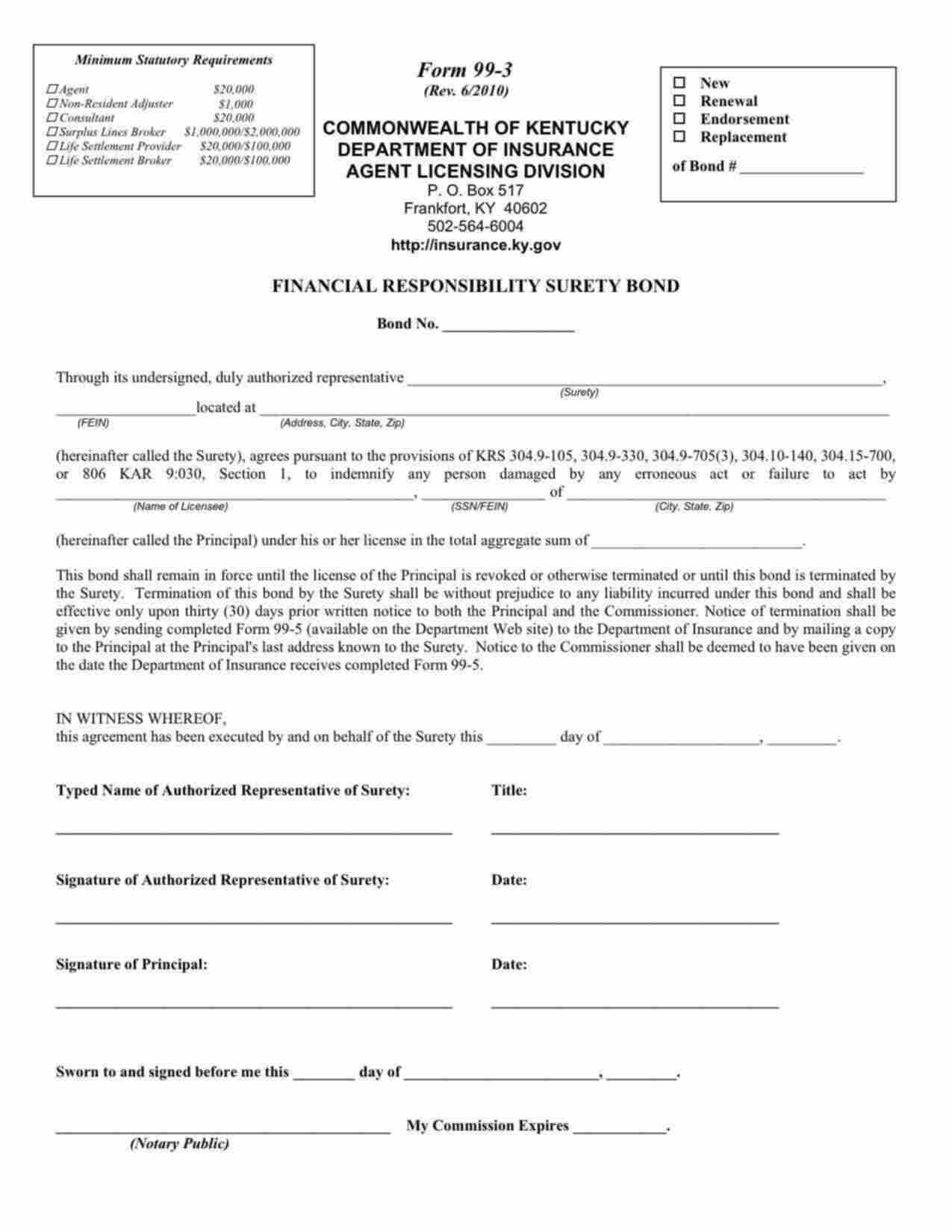 Kentucky Non-Resident Adjuster Bond Form