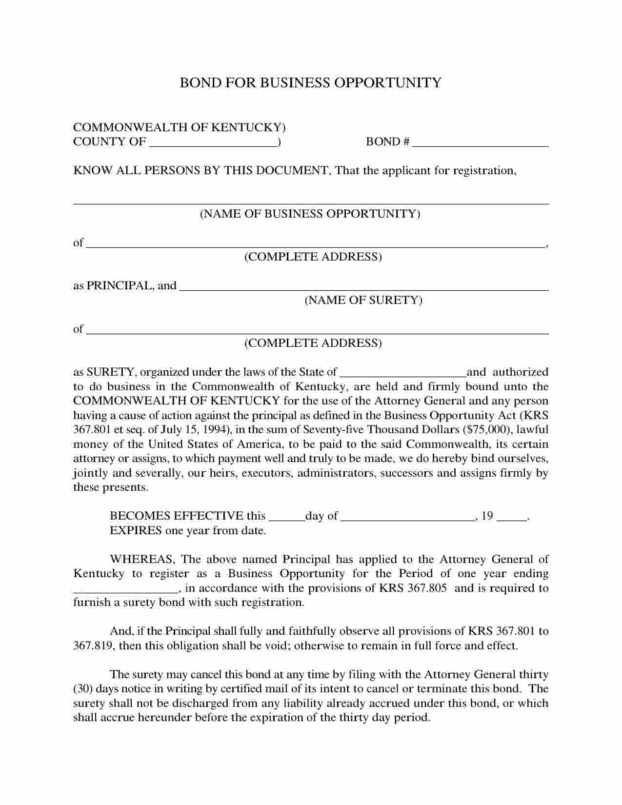 Kentucky Business Opportunity Bond Form