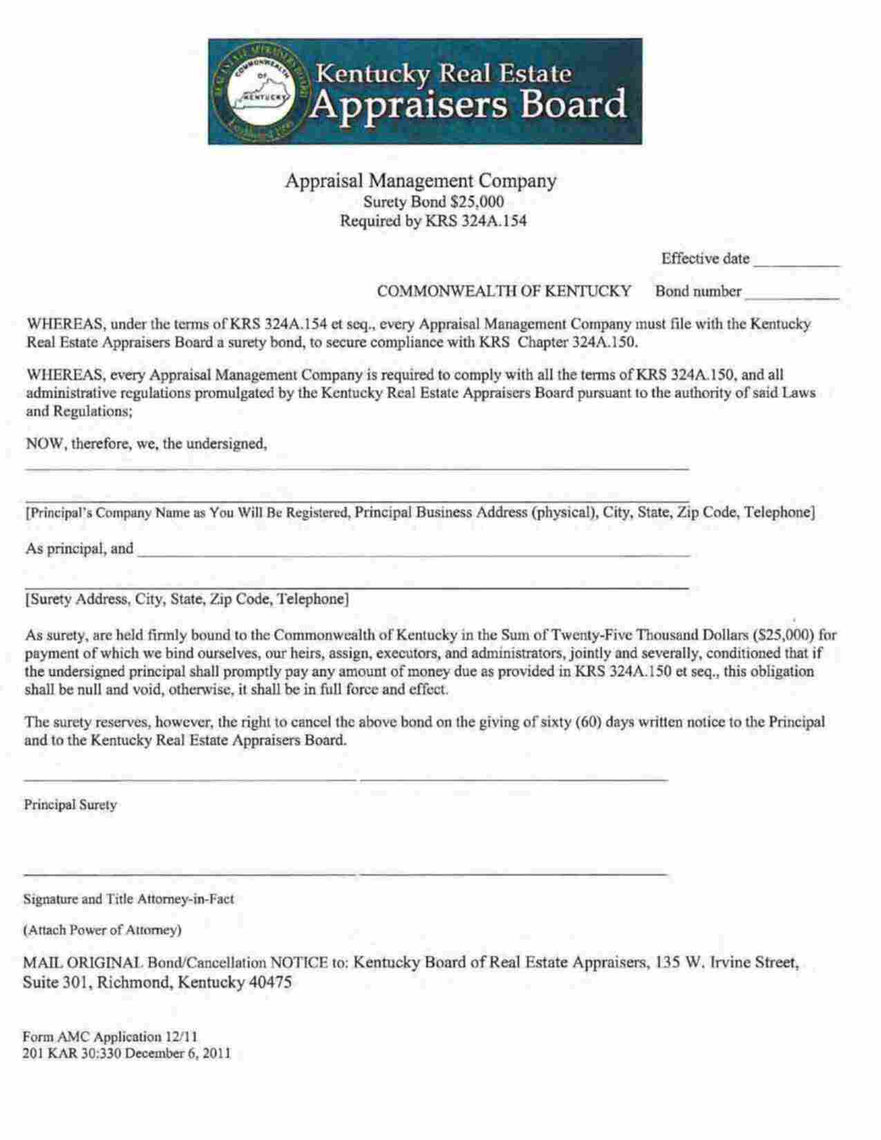 Kentucky Appraisal Management Company Bond Form